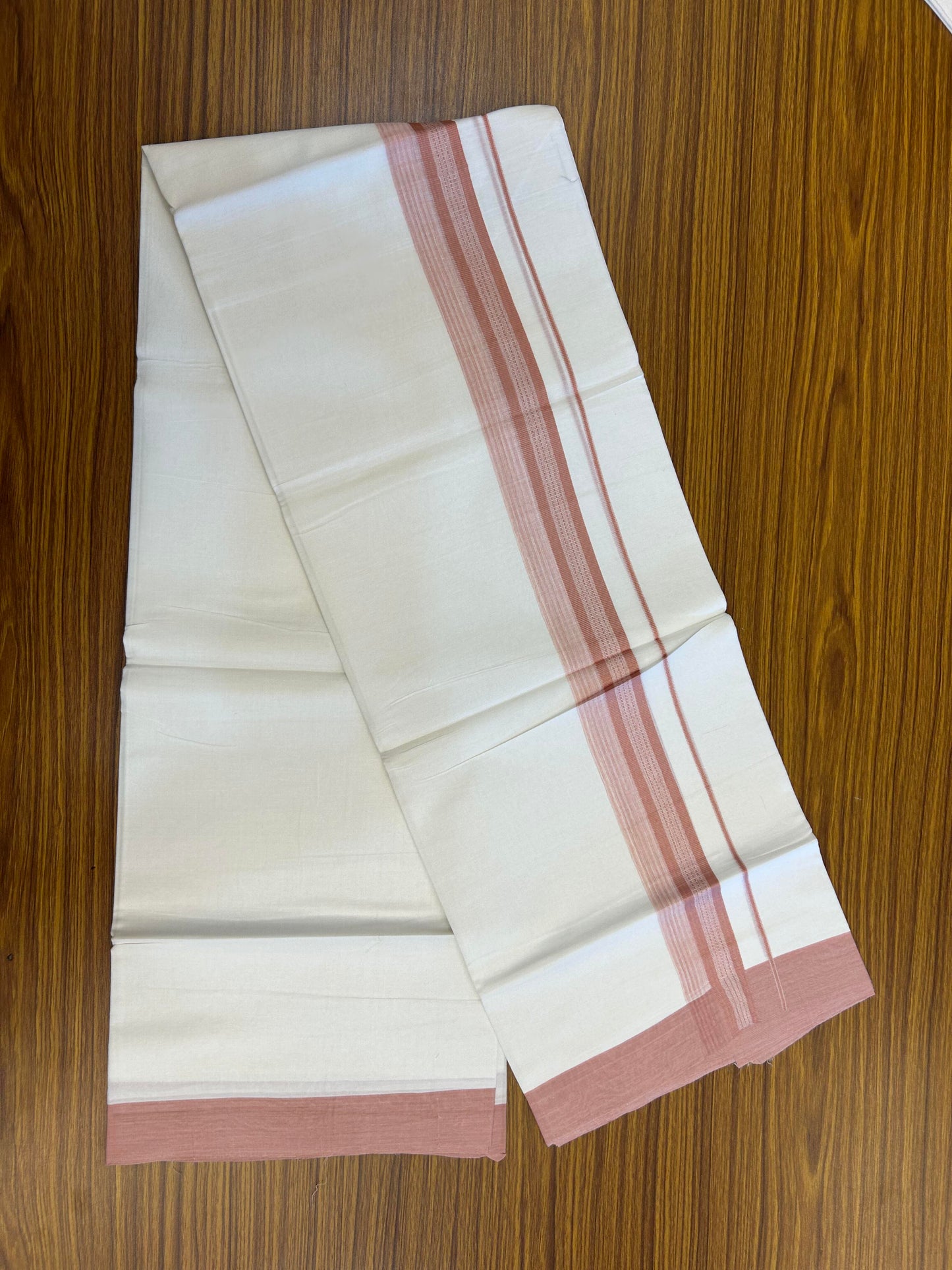 20% Discount ! Kaitharikada Balaramapuram 100% Cotton Pure White Double Mundu/Dothi - 100x80 - 2 inch Dusty Peach Shaded Stripes Kara 3.90 m (8 muzham) - 33 KK5364 MC