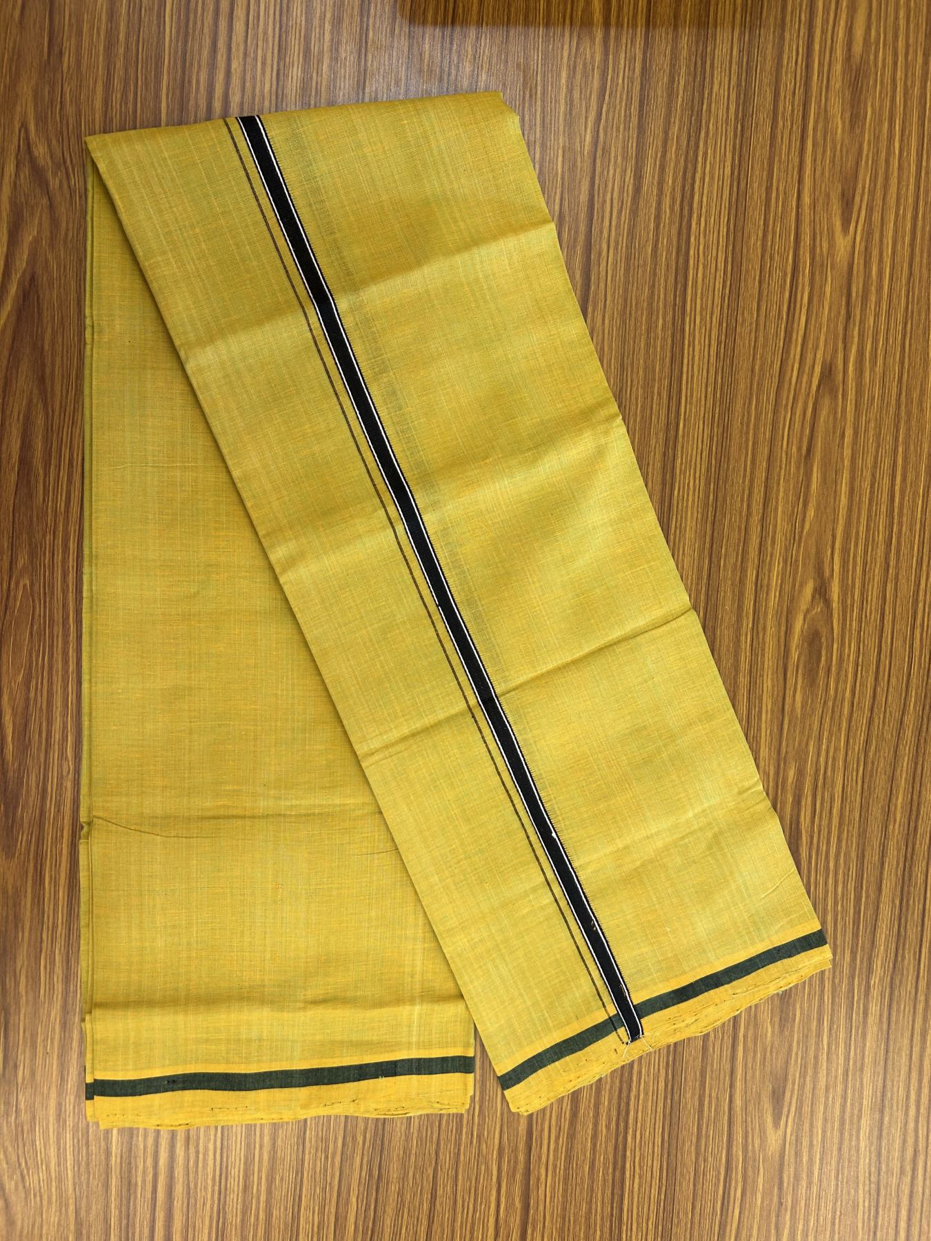 Handloom Single Hallmarked - 10% Discount !! KaithariKada 100% Pure Cotton - Mundu/Dhoti Dark Mustard Yellow Body & 1.5 cm Black & White Stripes  Kara - (2 meter / 4 muzham) - 5 KK8044 ELA