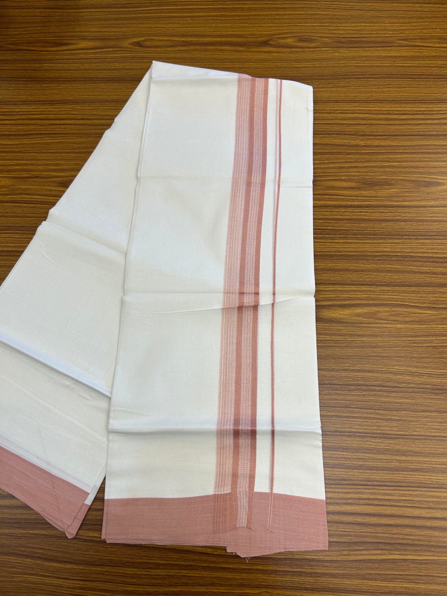 20% Discount ! Kaitharikada Balaramapuram 100% Cotton Pure White Double Mundu/Dothi - 100x80 - 2 inch Dusty Peach Shaded Stripes Kara 3.90 m (8 muzham) - 33 KK5364 MC