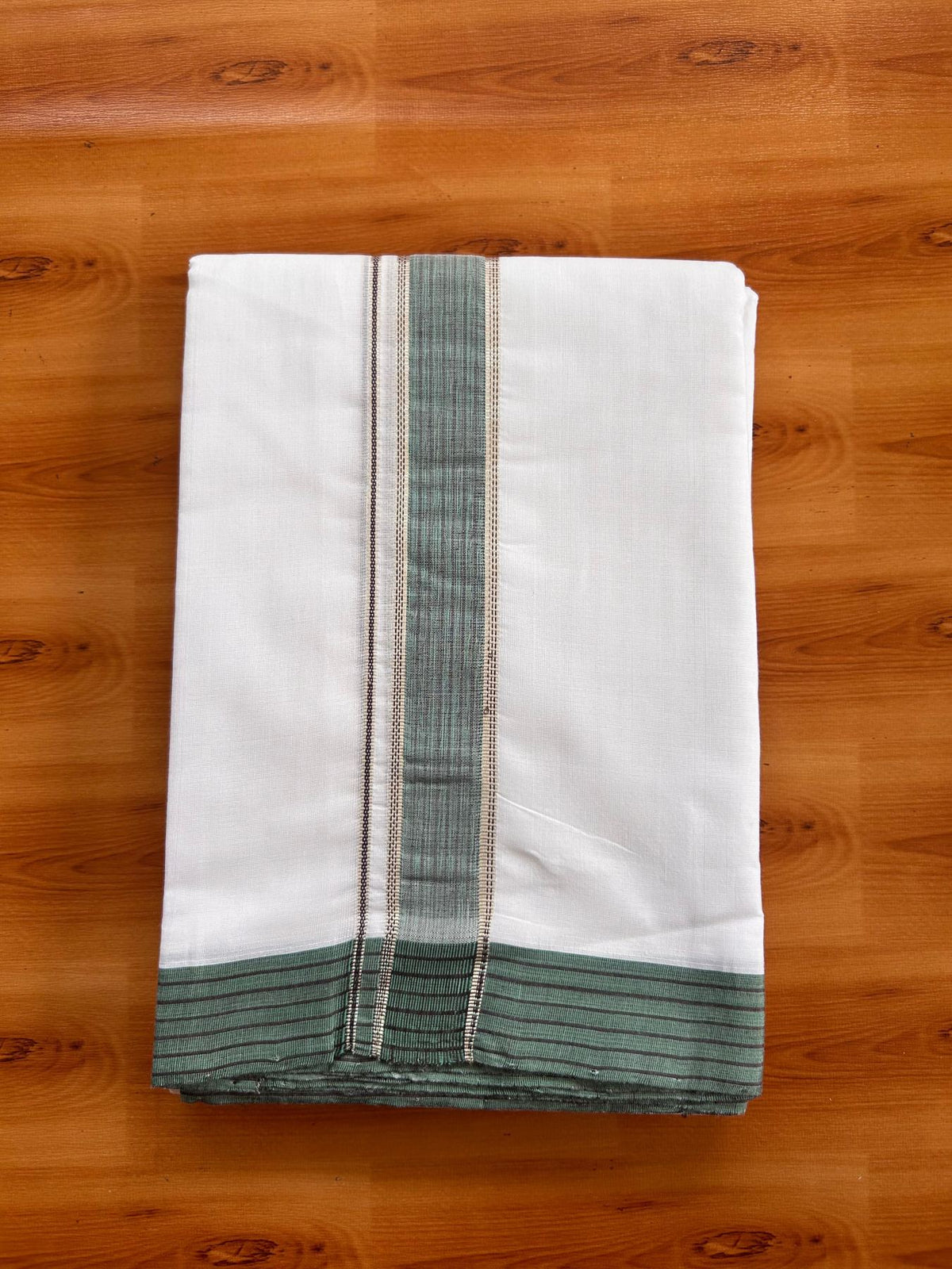 Double Pure White 25% Discount ! KaithariKada Handloom Unakkupaav - Kerala Handloom - 100% Pure Cotton Mundu/Dhoti - (2/120X80) - 1.25 inch Silver Kasav Black & Teal Green Striped Kara - 4 mtr (8.5 muzham) - 2 KK5526YAR
