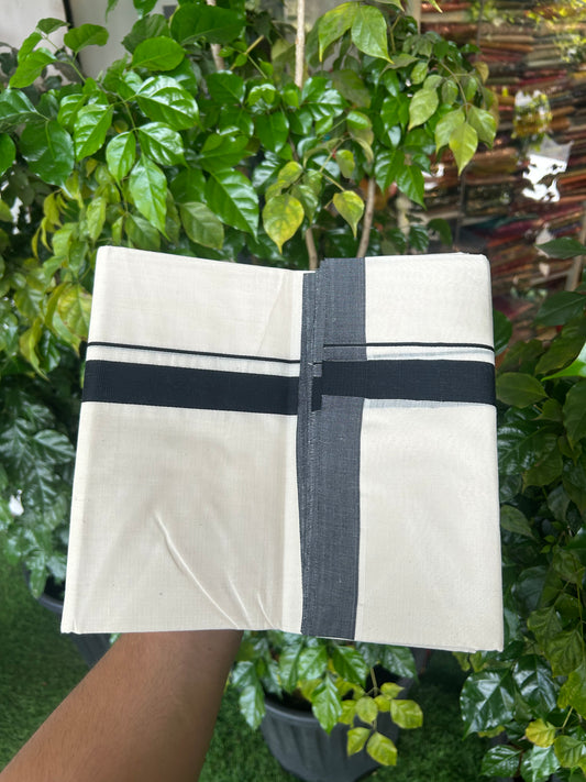 20% Discount KaithariKada Balaramapuram 100% Cotton Double Off white - (Unbleached) - Mundu/Dhoti - 100x80 - 1 inch Black Kara - 3.80 mtr (8 Muzham) - 14 KK5346 ASH