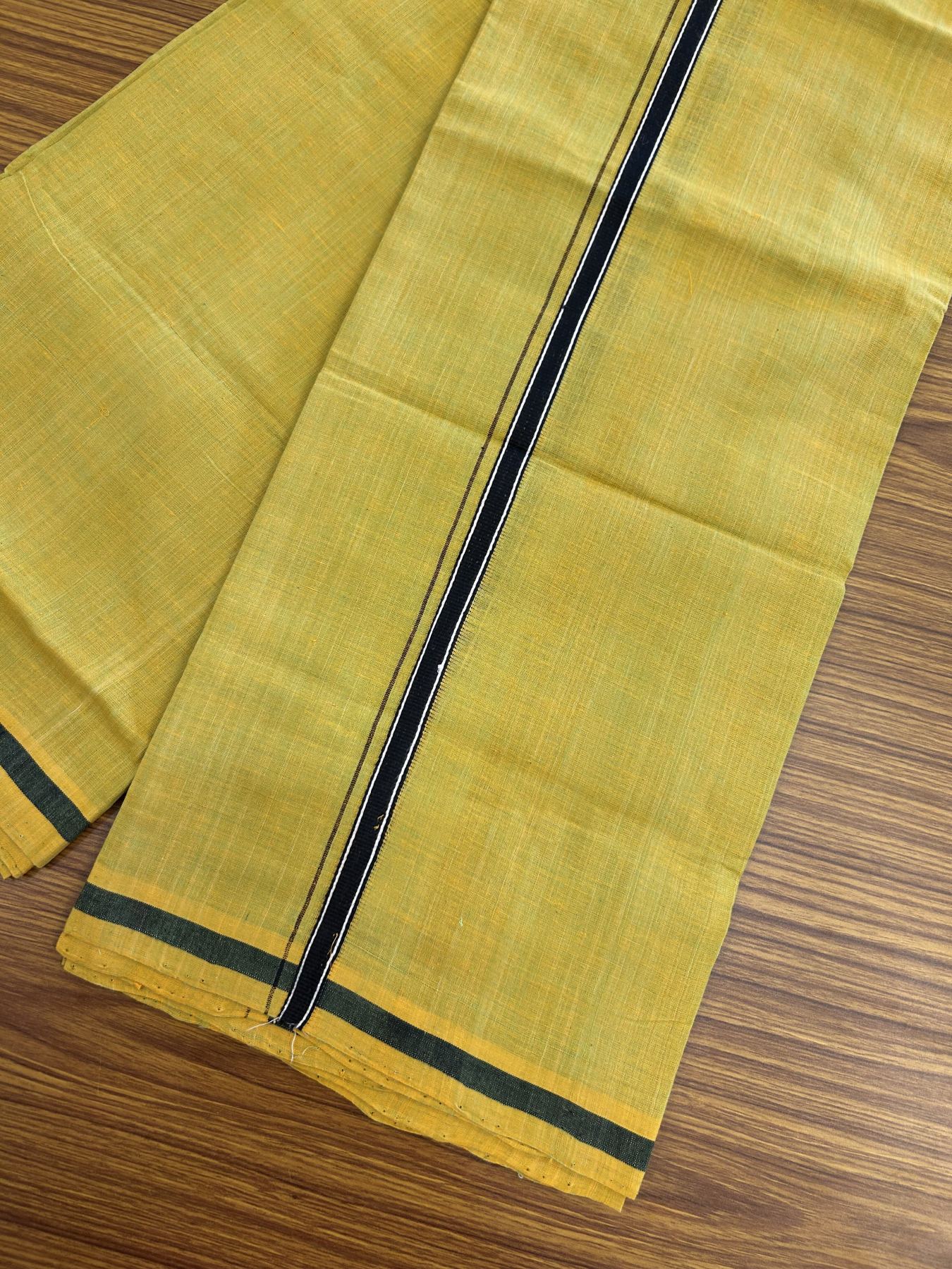 Handloom Single Hallmarked - 10% Discount !! KaithariKada 100% Pure Cotton - Mundu/Dhoti Dark Mustard Yellow Body & 1.5 cm Black & White Stripes  Kara - (2 meter / 4 muzham) - 5 KK8044 ELA