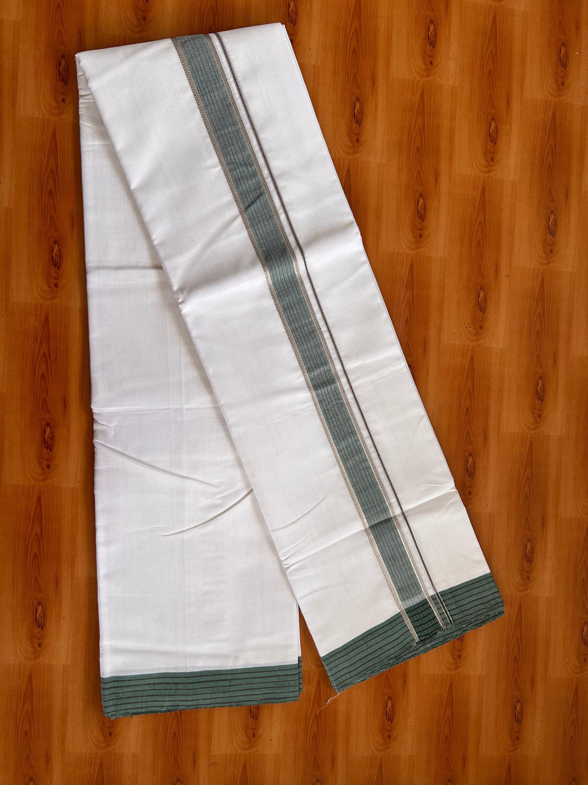 Double Pure White 25% Discount ! KaithariKada Handloom Unakkupaav - Kerala Handloom - 100% Pure Cotton Mundu/Dhoti - (2/120X80) - 1.25 inch Silver Kasav Black & Teal Green Striped Kara - 4 mtr (8.5 muzham) - 2 KK5526YAR