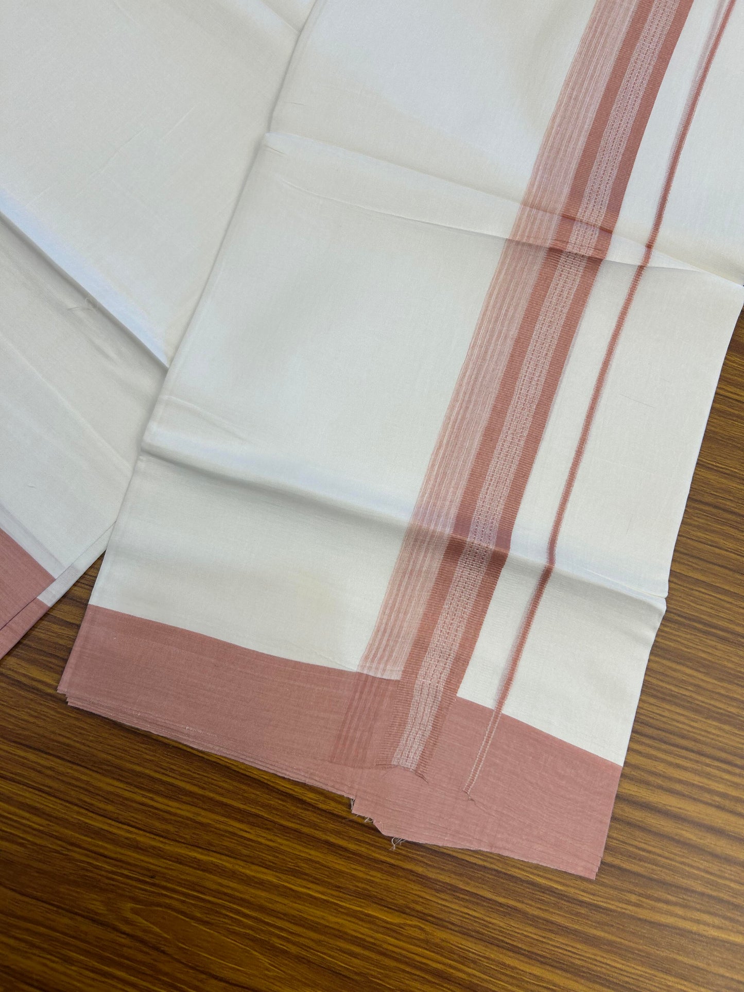 20% Discount ! Kaitharikada Balaramapuram 100% Cotton Pure White Double Mundu/Dothi - 100x80 - 2 inch Dusty Peach Shaded Stripes Kara 3.90 m (8 muzham) - 33 KK5364 MC