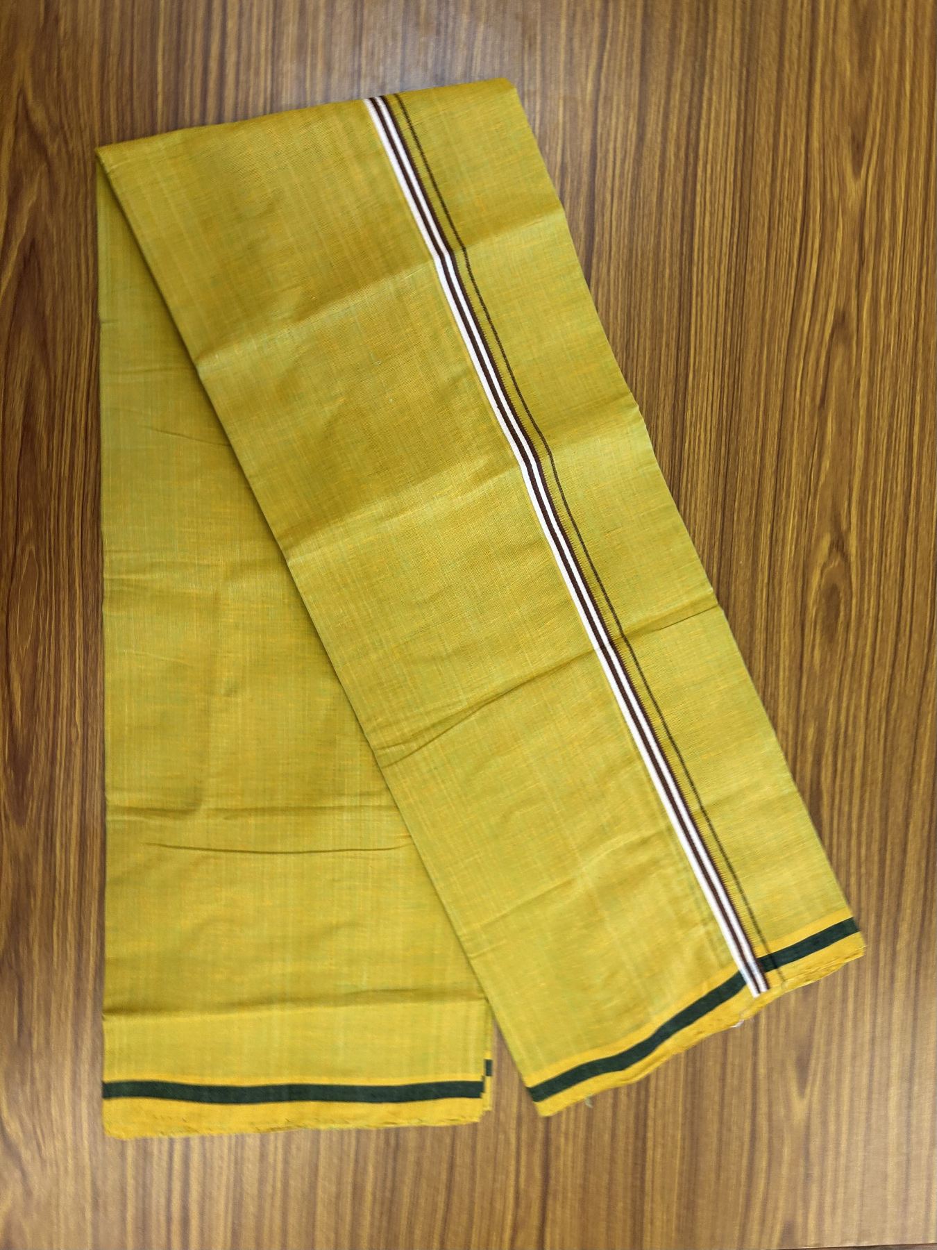 Handloom Single Hallmarked - 10% Discount !! KaithariKada 100% Pure Cotton - Mundu/Dhoti Dark Mustard Yellow Body & 1.5 cm Black & Brown Stripes Kara - (2 meter / 4 muzham) - 6 KK8044 ELA