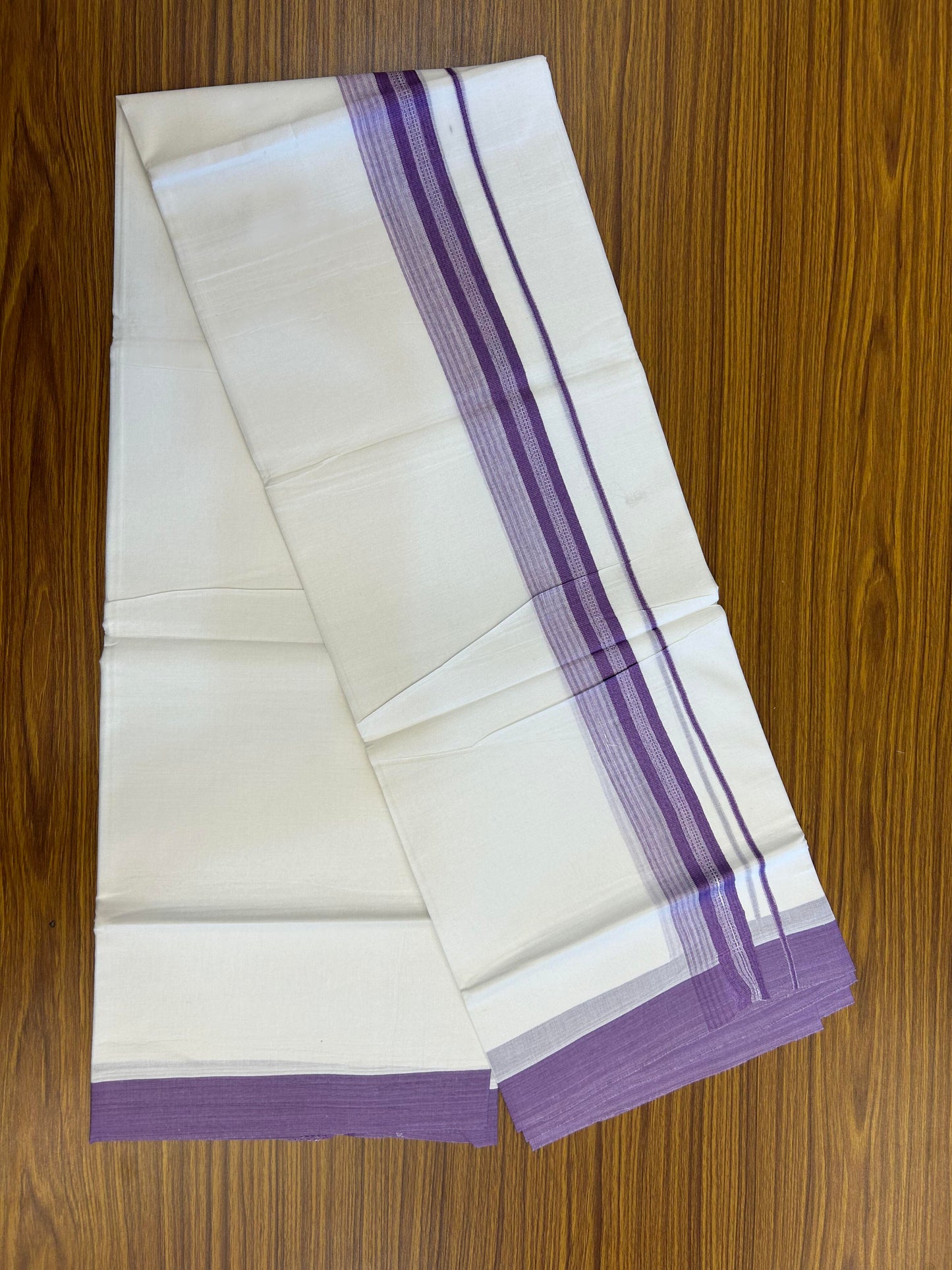 20% Discount ! Kaitharikada Balaramapuram 100% Cotton Pure White Double Mundu/Dothi - 100x80 - 2 inch Lavander Shaded Stripes Kara 3.90 m (8 muzham) - 34 KK5364 MC