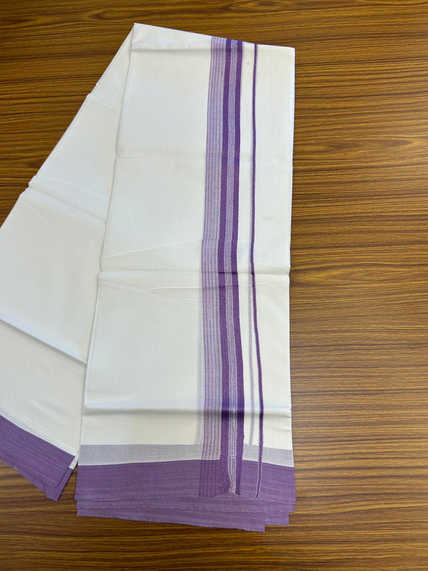 20% Discount ! Kaitharikada Balaramapuram 100% Cotton Pure White Double Mundu/Dothi - 100x80 - 2 inch Lavander Shaded Stripes Kara 3.90 m (8 muzham) - 34 KK5364 MC
