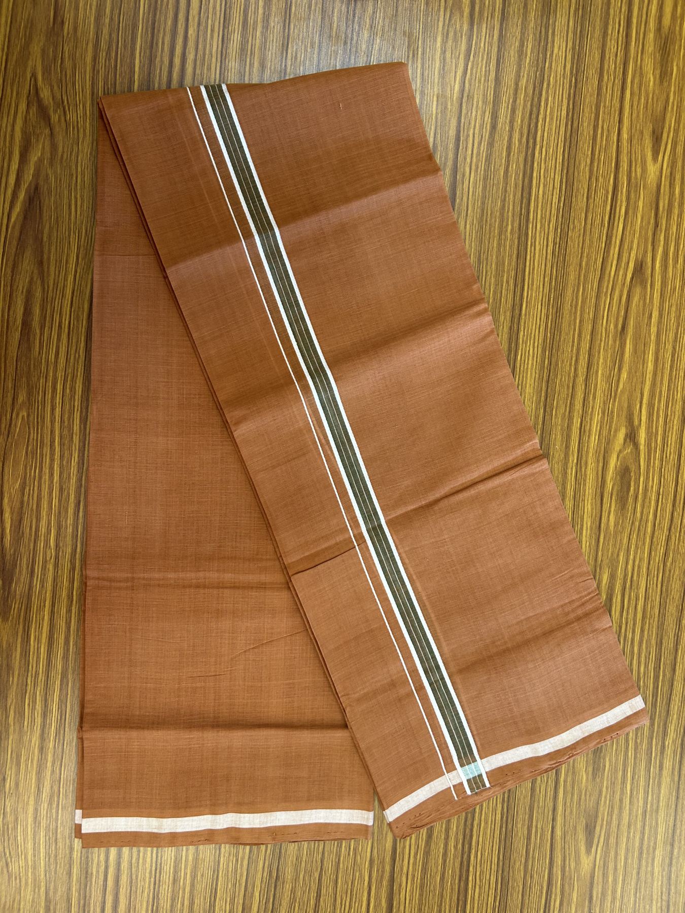 Handloom Single Hallmarked - 10% Discount ! KaithariKada 100% Pure Cotton - Mundu/Dhoti 0.5 inch Olive Green & White Kara with Kavi colour Body - (2 meter / 4 muzham) - 60 KK8044 ELA
