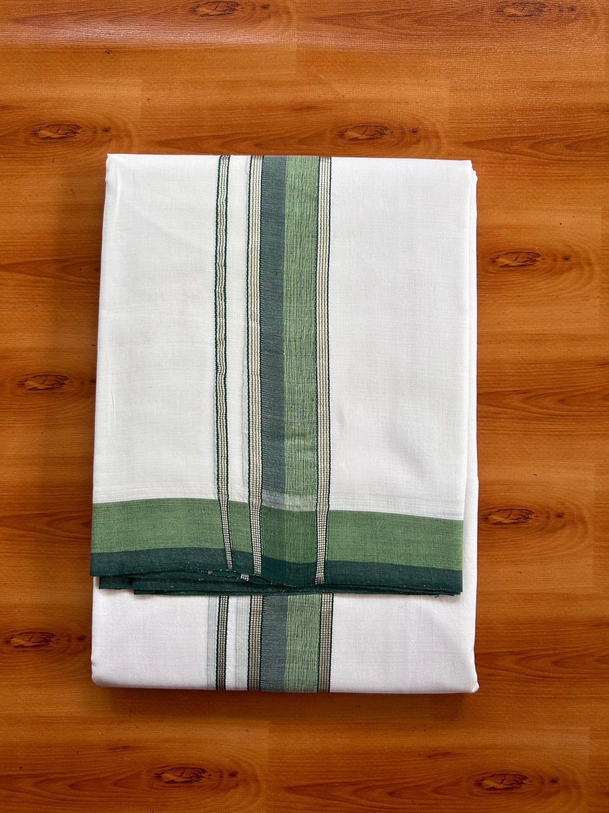 Double Pure White 25% Discount ! KaithariKada Handloom Millpaav - Kerala Handloom - 100% Pure Cotton Mundu/Dhoti - (80x90) - 1.75 inch Silver Kasav Green & Dark Green Kara - 4 mtr (8.5 muzham) - 1 KK5527 RAM
