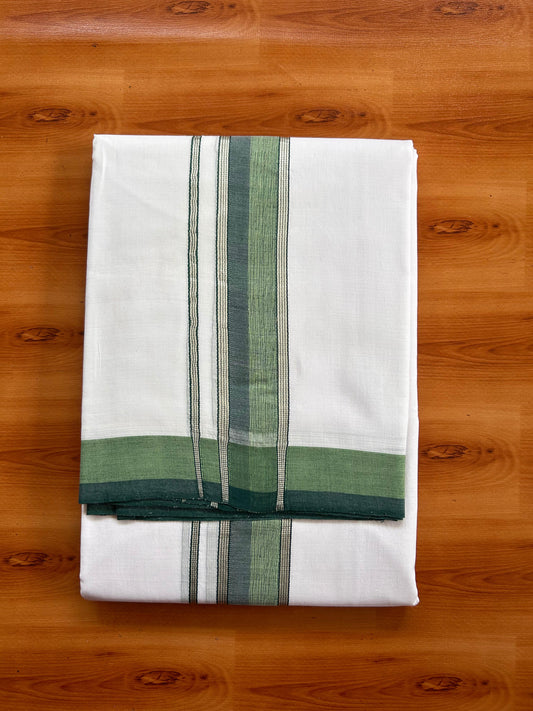 Double Pure White 25% Discount ! KaithariKada Handloom Millpaav - Kerala Handloom - 100% Pure Cotton Mundu/Dhoti - (80x90) - 1.75 inch Silver Kasav Green & Dark Green Kara - 4 mtr (8.5 muzham) - 1 KK5527 RAM