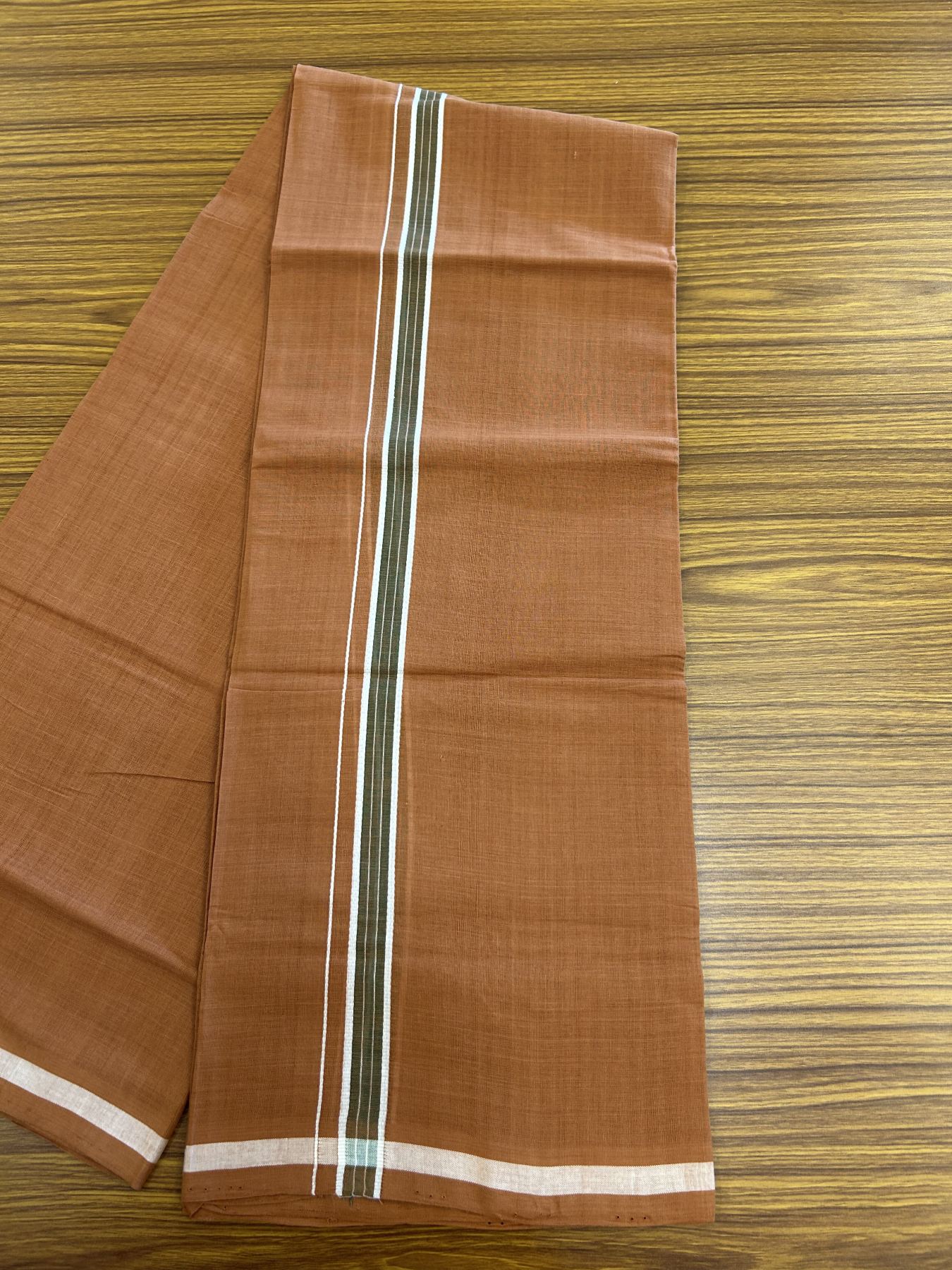Handloom Single Hallmarked - 10% Discount ! KaithariKada 100% Pure Cotton - Mundu/Dhoti 0.5 inch Olive Green & White Kara with Kavi colour Body - (2 meter / 4 muzham) - 60 KK8044 ELA