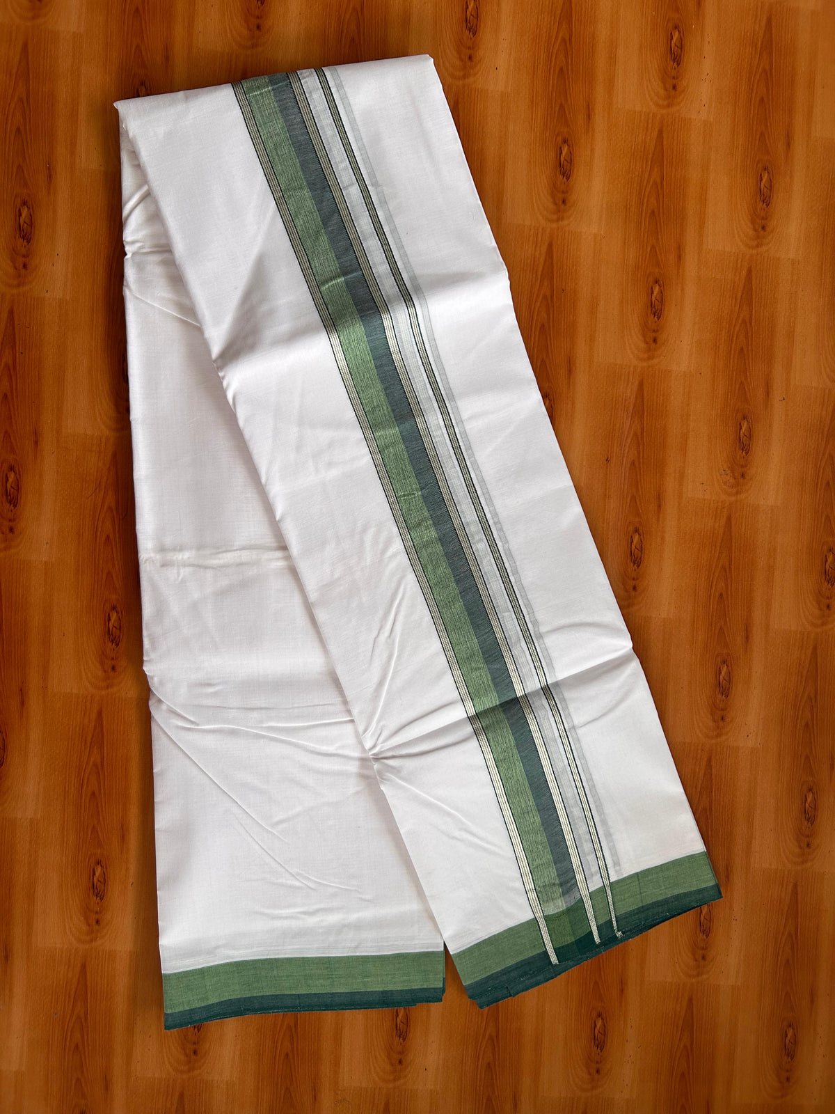 Double Pure White 25% Discount ! KaithariKada Handloom Millpaav - Kerala Handloom - 100% Pure Cotton Mundu/Dhoti - (80x90) - 1.75 inch Silver Kasav Green & Dark Green Kara - 4 mtr (8.5 muzham) - 1 KK5527 RAM