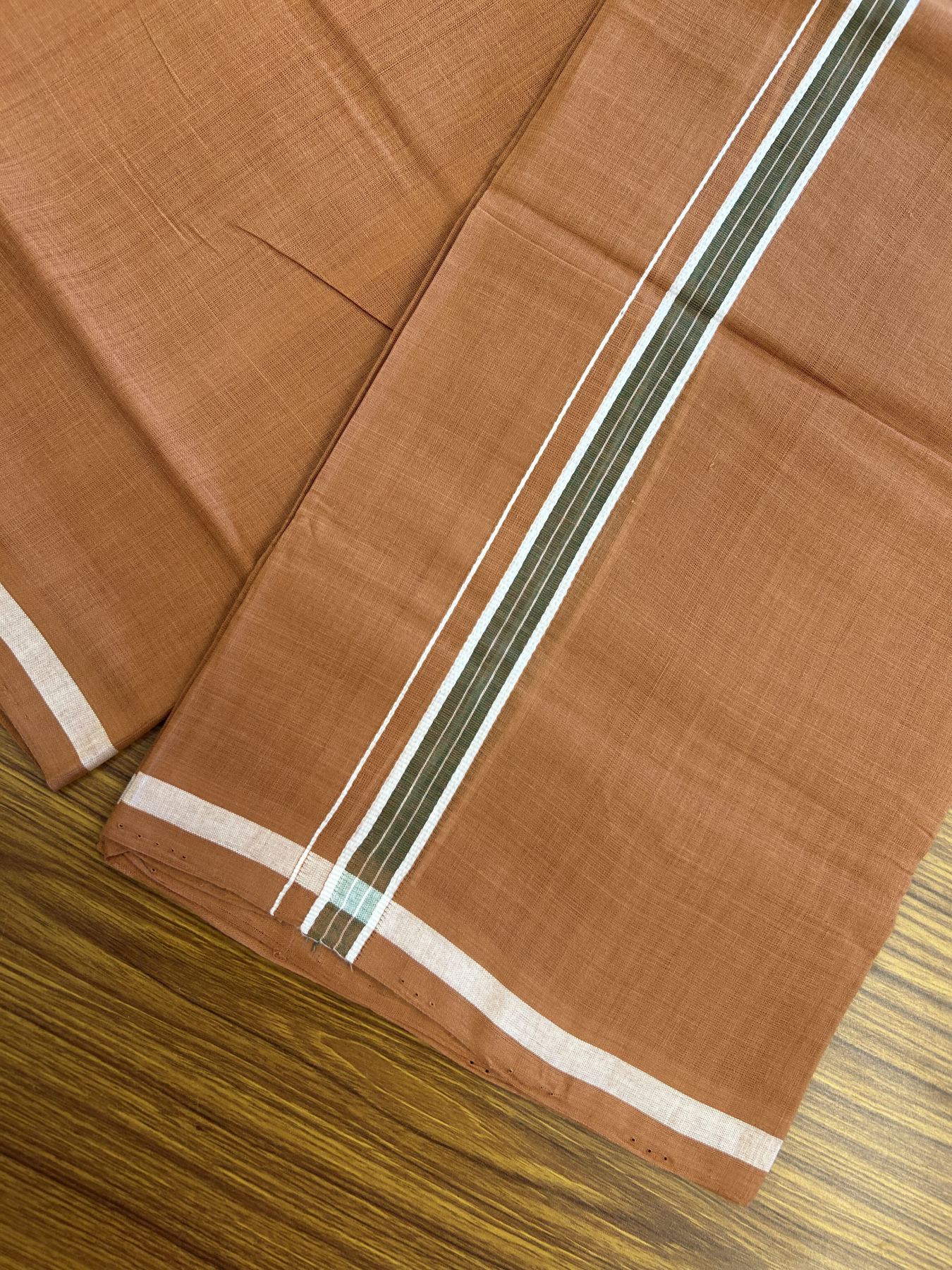 Handloom Single Hallmarked - 10% Discount ! KaithariKada 100% Pure Cotton - Mundu/Dhoti 0.5 inch Olive Green & White Kara with Kavi colour Body - (2 meter / 4 muzham) - 60 KK8044 ELA