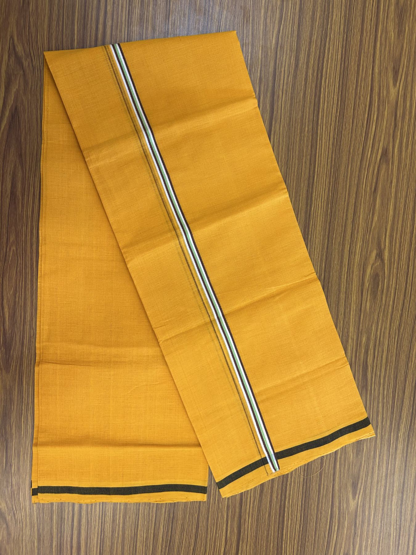 Handloom Single Hallmarked - 10% Discount !! KaithariKada 100% Pure Cotton - Mundu/Dhoti 1 cm Brown Green Kara with Light Orange colour Body - (2 meter / 4 muzham) - 25 KK8044 ELA