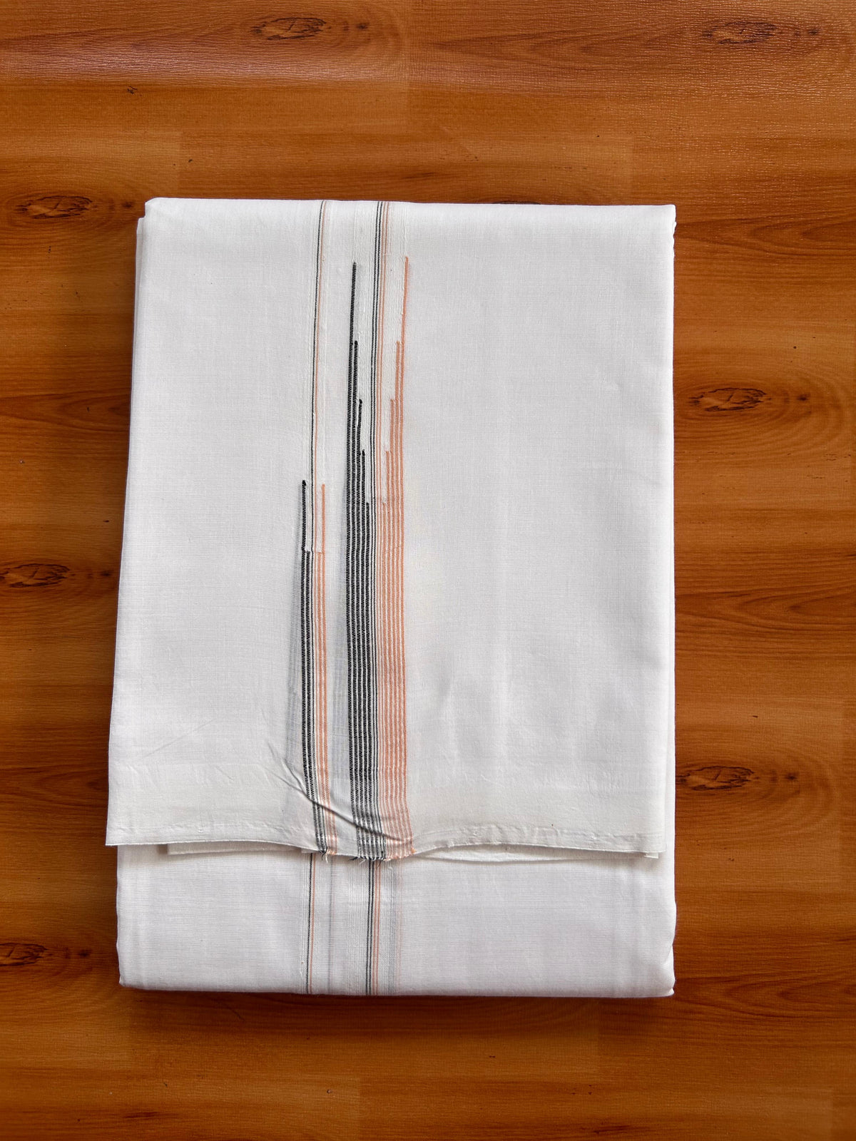 Double Pure White 25% Discount ! KaithariKada Handloom Millpaav - Kerala Handloom - 100% Pure Cotton Mundu/Dhoti - (80x90) - 0.75 inch Puliyilakkara Black & Dusty Peach Striped Chutty Kara - 4 mtr (8.5 muzham) - 3 KK5527 RAM