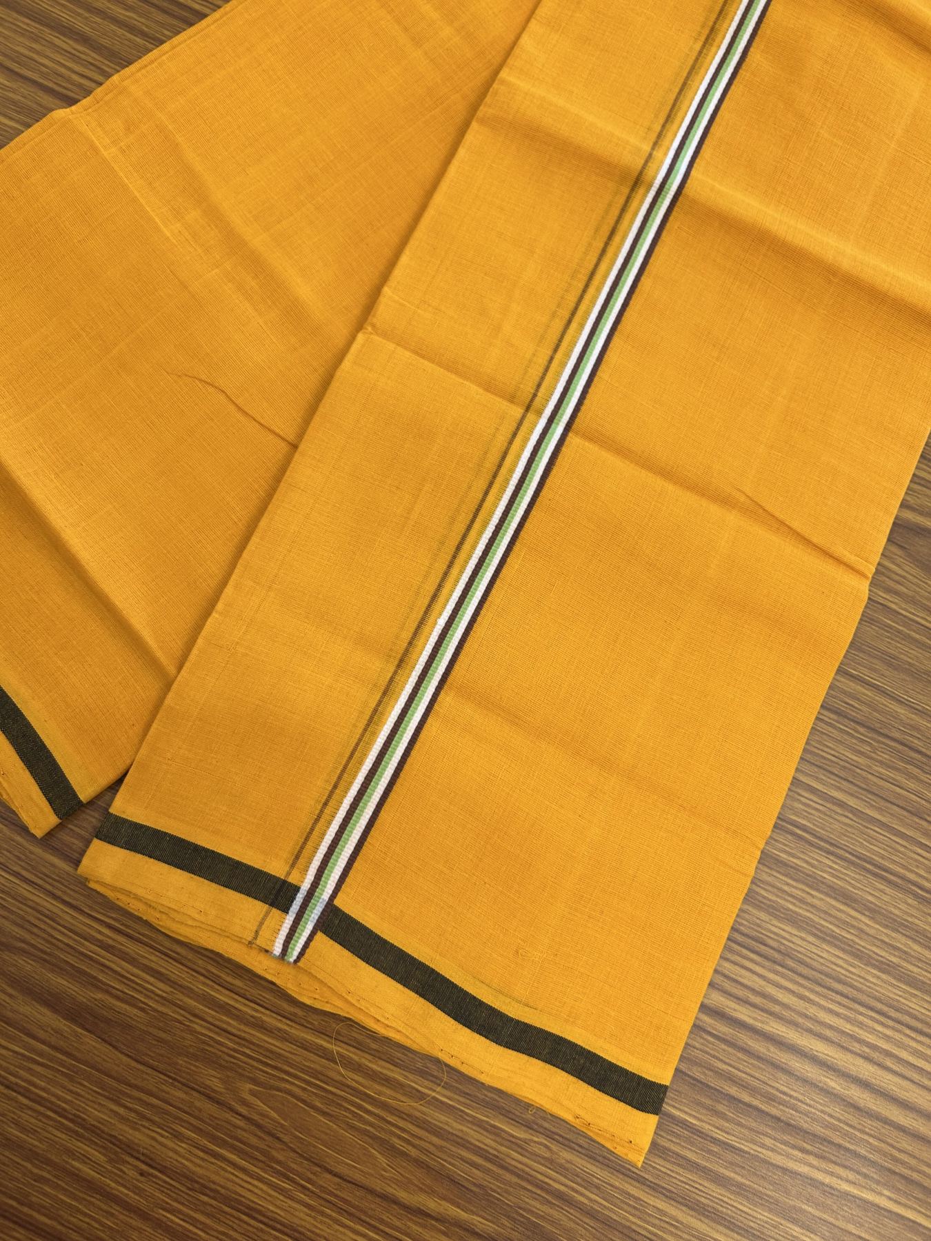 Handloom Single Hallmarked - 10% Discount !! KaithariKada 100% Pure Cotton - Mundu/Dhoti 1 cm Brown Green Kara with Light Orange colour Body - (2 meter / 4 muzham) - 25 KK8044 ELA
