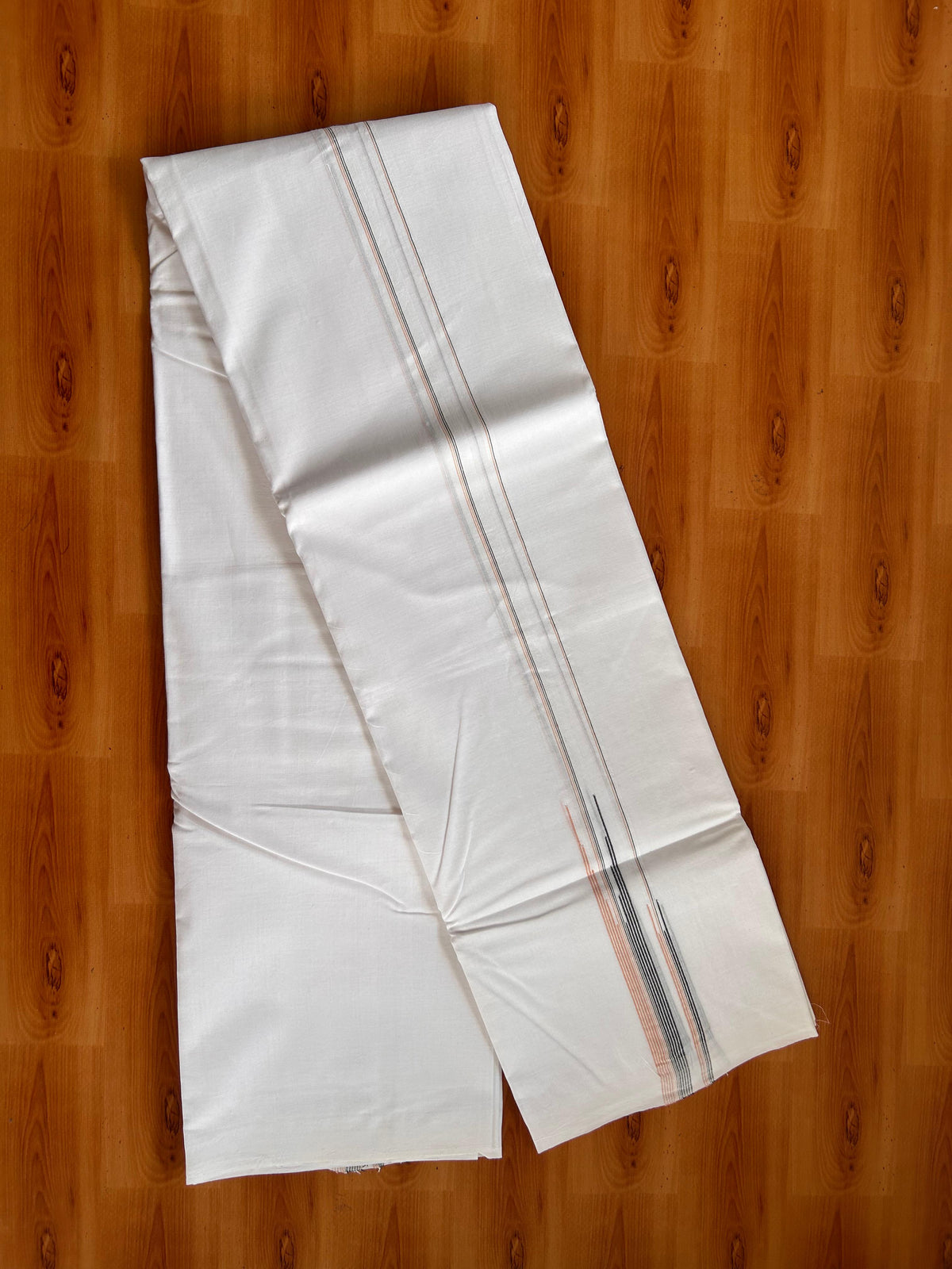 Double Pure White 25% Discount ! KaithariKada Handloom Millpaav - Kerala Handloom - 100% Pure Cotton Mundu/Dhoti - (80x90) - 0.75 inch Puliyilakkara Black & Dusty Peach Striped Chutty Kara - 4 mtr (8.5 muzham) - 3 KK5527 RAM