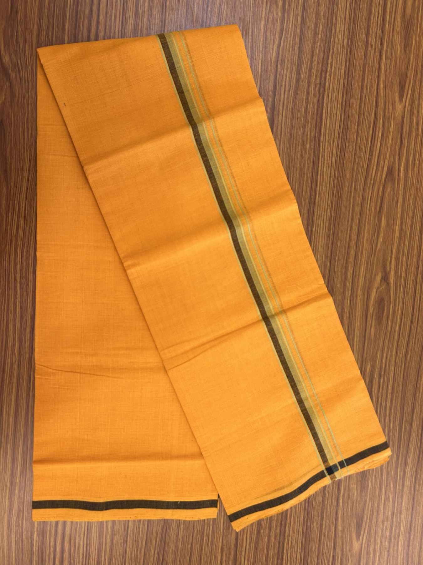 Handloom Single Hallmarked - 10% Discount !! KaithariKada 100% Pure Cotton - Mundu/Dhoti 2 cm Black Green Kara with Light Orange colour Body - (2 meter / 4 muzham) - 26 KK8044 ELA