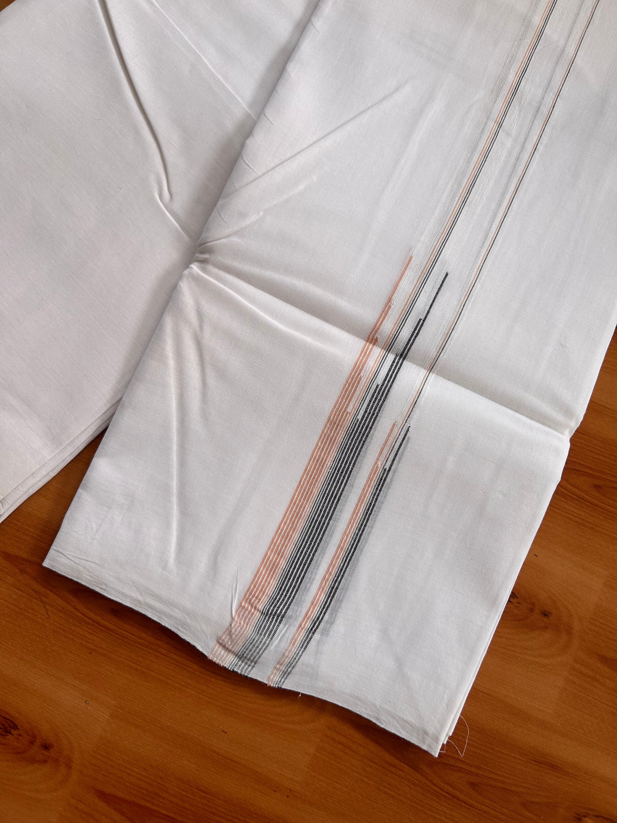 Double Pure White 25% Discount ! KaithariKada Handloom Millpaav - Kerala Handloom - 100% Pure Cotton Mundu/Dhoti - (80x90) - 0.75 inch Puliyilakkara Black & Dusty Peach Striped Chutty Kara - 4 mtr (8.5 muzham) - 3 KK5527 RAM