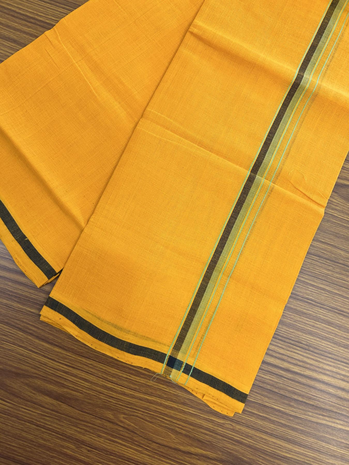 Handloom Single Hallmarked - 10% Discount !! KaithariKada 100% Pure Cotton - Mundu/Dhoti 2 cm Black Green Kara with Light Orange colour Body - (2 meter / 4 muzham) - 26 KK8044 ELA