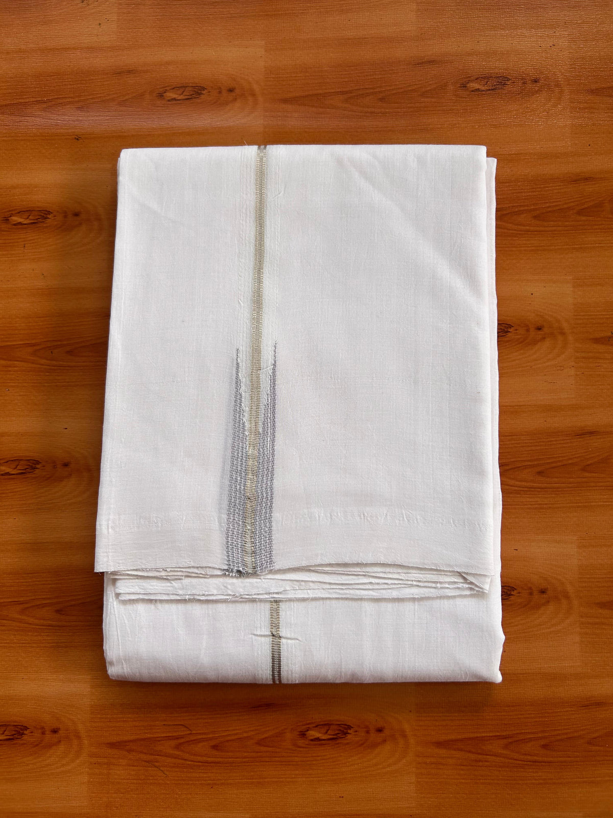 Double Pure White 25% Discount ! KaithariKada Handloom Millpaav - Kerala Handloom - 100% Pure Cotton Mundu/Dhoti - (80x90) - 0.75 inch Puliyilakkara Silver Kasav & Ash Grey Striped Chutty Kara - 4 mtr (8.5 muzham) - 4 KK5527 RAM