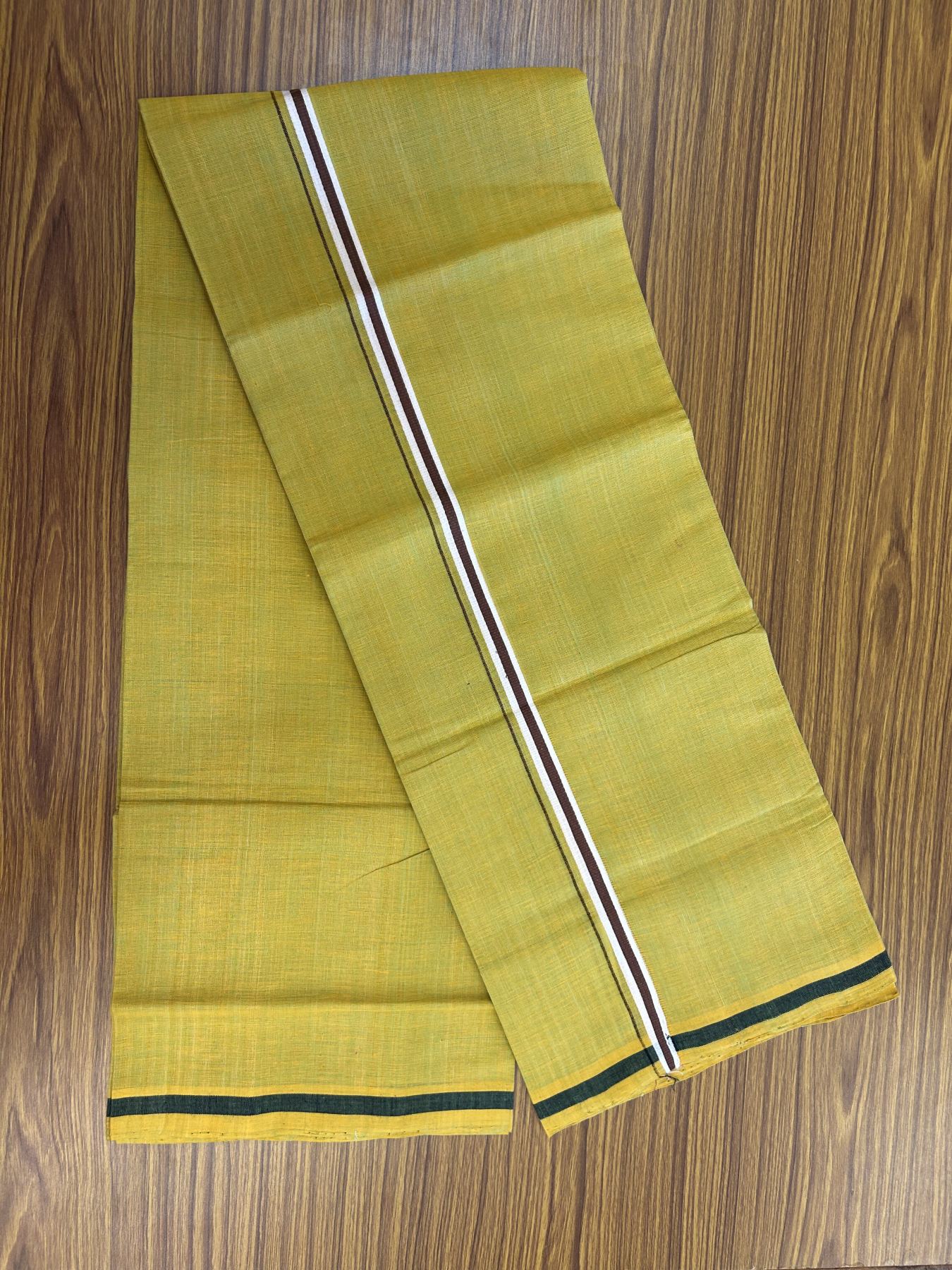 Handloom Single Hallmarked - 10% Discount !! KaithariKada 100% Pure Cotton - Mundu/Dhoti Dark Mustard Yellow Body , 1.5 cm Black & Brown Stripes Kara - (2 meter / 4 muzham) - 7 KK8044 ELA