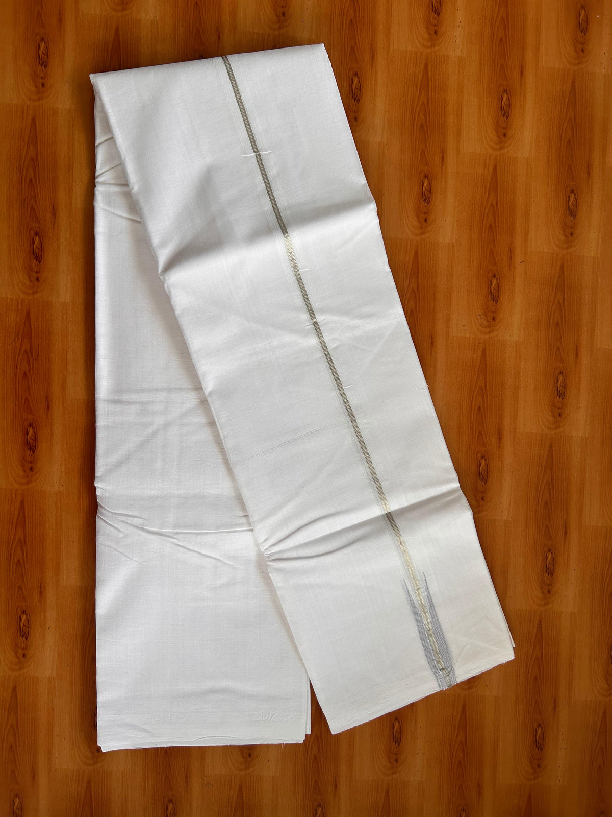 Double Pure White 25% Discount ! KaithariKada Handloom Millpaav - Kerala Handloom - 100% Pure Cotton Mundu/Dhoti - (80x90) - 0.75 inch Puliyilakkara Silver Kasav & Ash Grey Striped Chutty Kara - 4 mtr (8.5 muzham) - 4 KK5527 RAM