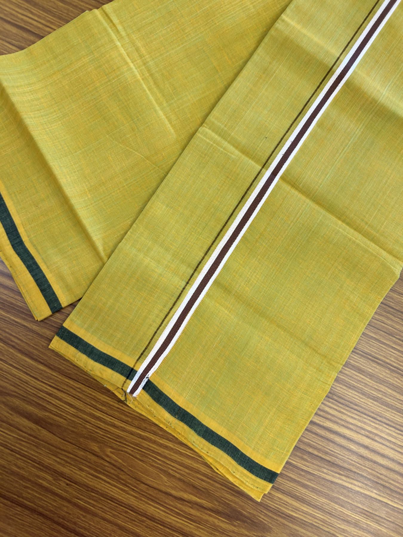 Handloom Single Hallmarked - 10% Discount !! KaithariKada 100% Pure Cotton - Mundu/Dhoti Dark Mustard Yellow Body , 1.5 cm Black & Brown Stripes Kara - (2 meter / 4 muzham) - 7 KK8044 ELA