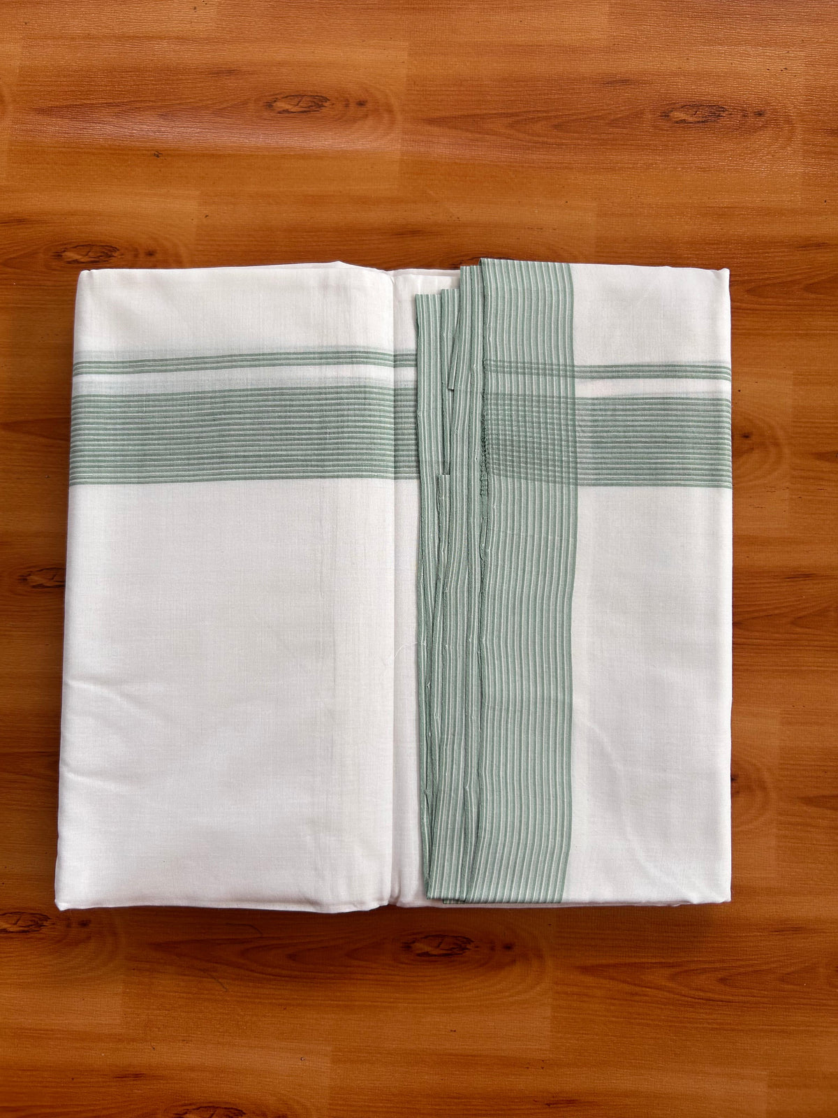 Double Pure White 25% Discount ! KaithariKada Handloom Millpaav - Kerala Handloom - 100% Pure Cotton Mundu/Dhoti - (80x90) - 1.5 inch Dusty Teal Striped Kara - 4 mtr (8.5 muzham) - 2 KK5527 RAM