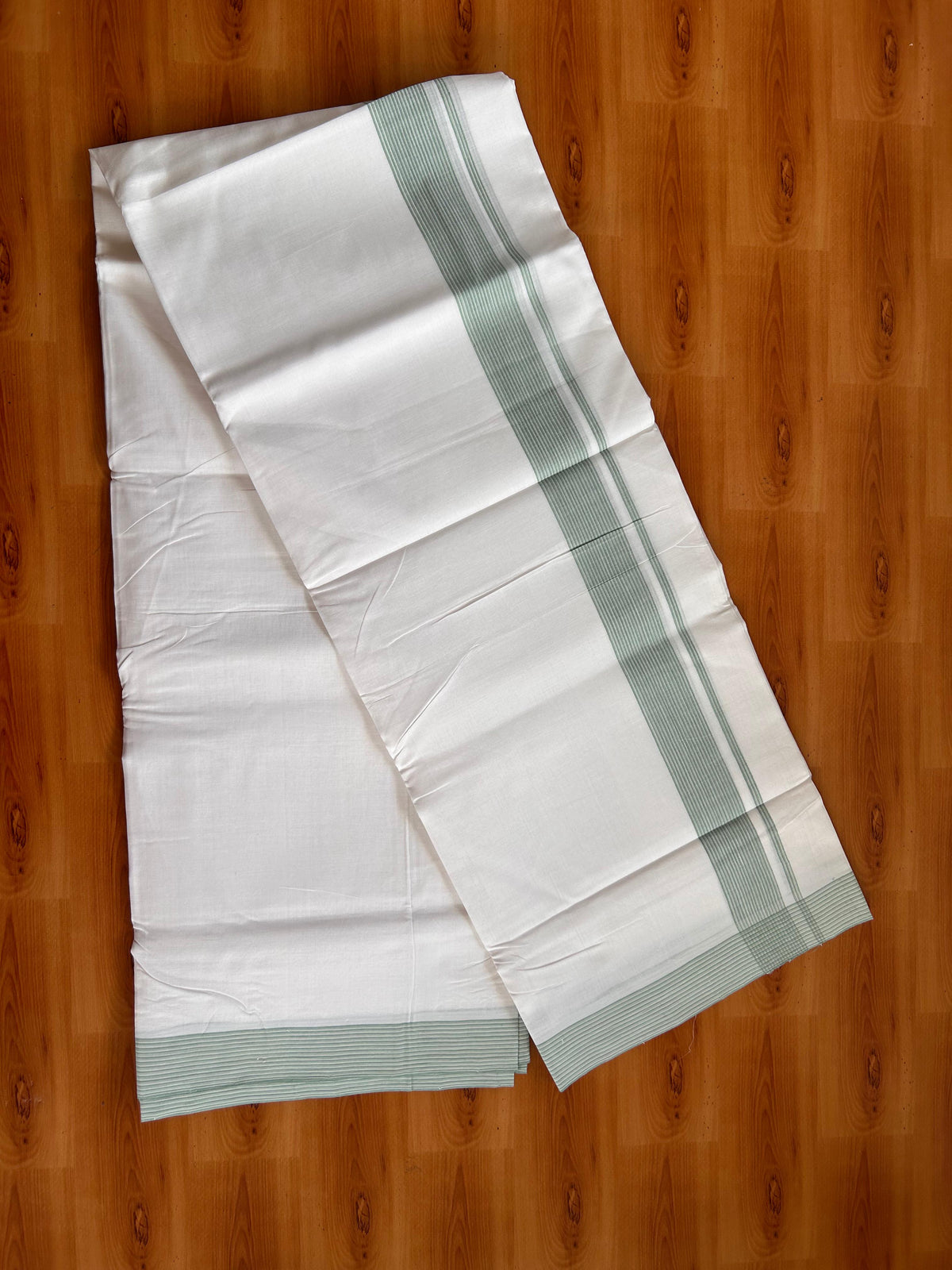 Double Pure White 25% Discount ! KaithariKada Handloom Millpaav - Kerala Handloom - 100% Pure Cotton Mundu/Dhoti - (80x90) - 1.5 inch Dusty Teal Striped Kara - 4 mtr (8.5 muzham) - 2 KK5527 RAM