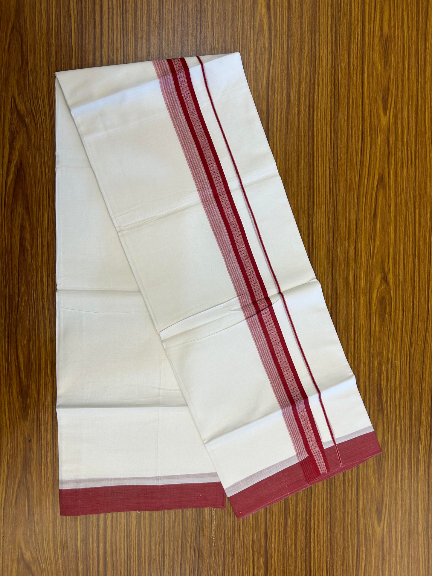 20% Discount ! Kaitharikada Balaramapuram 100% Cotton Pure White Double Mundu/Dothi - 100x80 - 2 inch Red Shaded Stripes Kara 3.90 m (8 muzham) - 31 KK5364 MC