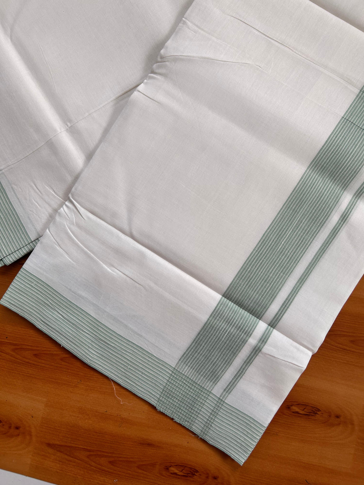 Double Pure White 25% Discount ! KaithariKada Handloom Millpaav - Kerala Handloom - 100% Pure Cotton Mundu/Dhoti - (80x90) - 1.5 inch Dusty Teal Striped Kara - 4 mtr (8.5 muzham) - 2 KK5527 RAM