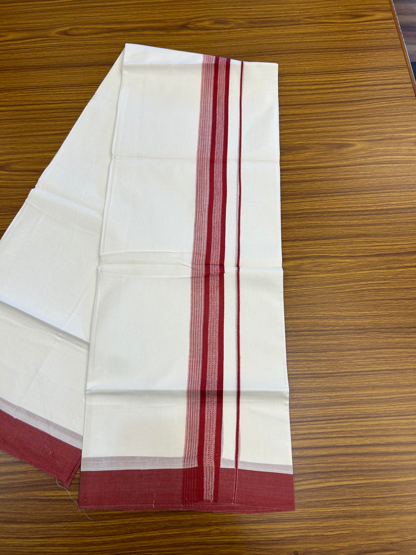 20% Discount ! Kaitharikada Balaramapuram 100% Cotton Pure White Double Mundu/Dothi - 100x80 - 2 inch Red Shaded Stripes Kara 3.90 m (8 muzham) - 31 KK5364 MC