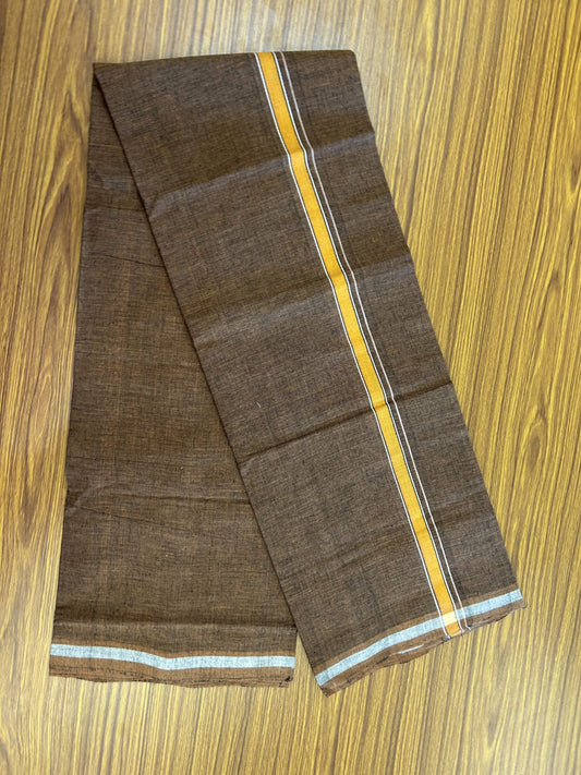 Handloom Single Hallmarked - 10% Discount ! KaithariKada 100% Pure Cotton - Mundu/Dhoti 0.5 inch Light Orange & white striped kara with Brown colour Body - (2 meter / 4 muzham) - 88 KK8044 ELA