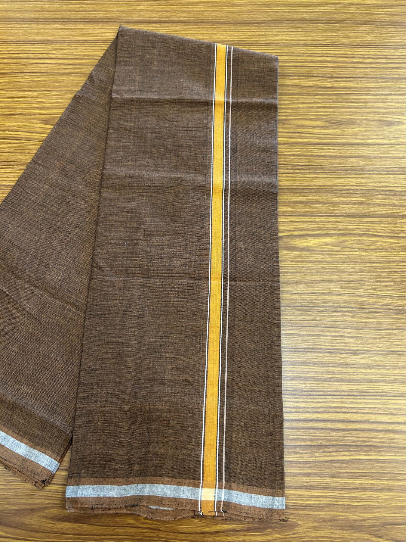 Handloom Single Hallmarked - 10% Discount ! KaithariKada 100% Pure Cotton - Mundu/Dhoti 0.5 inch Light Orange & white striped kara with Brown colour Body - (2 meter / 4 muzham) - 88 KK8044 ELA