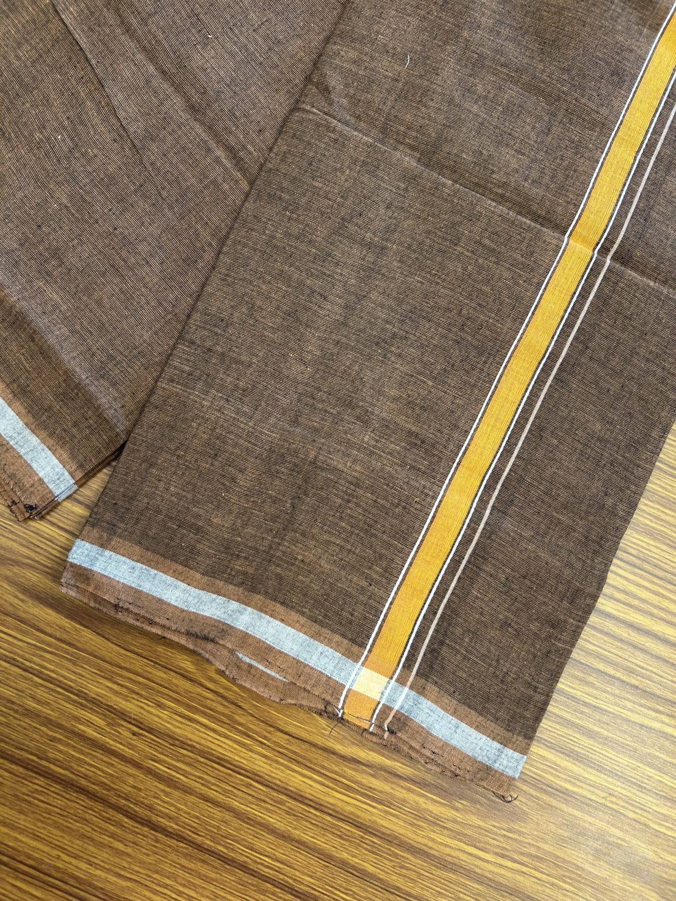 Handloom Single Hallmarked - 10% Discount ! KaithariKada 100% Pure Cotton - Mundu/Dhoti 0.5 inch Light Orange & white striped kara with Brown colour Body - (2 meter / 4 muzham) - 88 KK8044 ELA