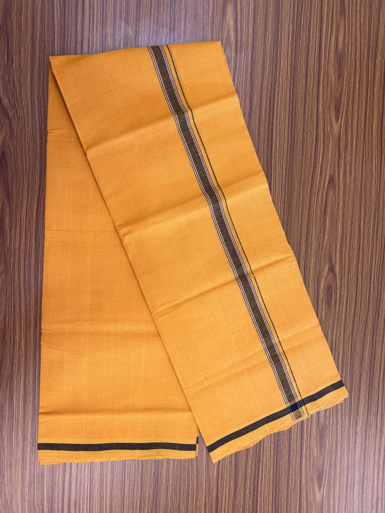 Handloom Single Hallmarked - 10% Discount !! KaithariKada 100% Pure Cotton - Mundu/Dhoti 2 cm Black Kara with Light Orange colour Body - (2 meter / 4 muzham) - 27 KK8044 ELA
