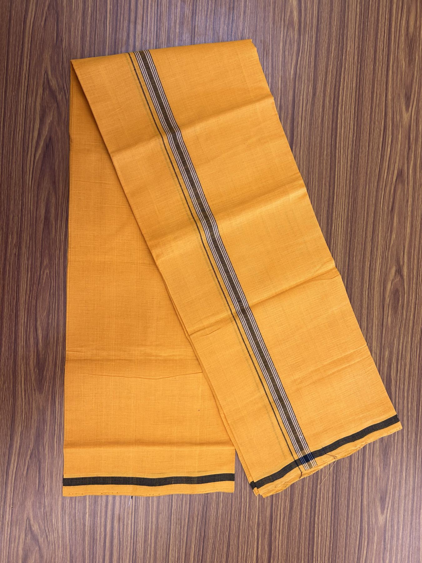 Handloom Single Hallmarked - 10% Discount !! KaithariKada 100% Pure Cotton - Mundu/Dhoti 2 cm Black Kara with Light Orange colour Body - (2 meter / 4 muzham) - 28 KK8044 ELA