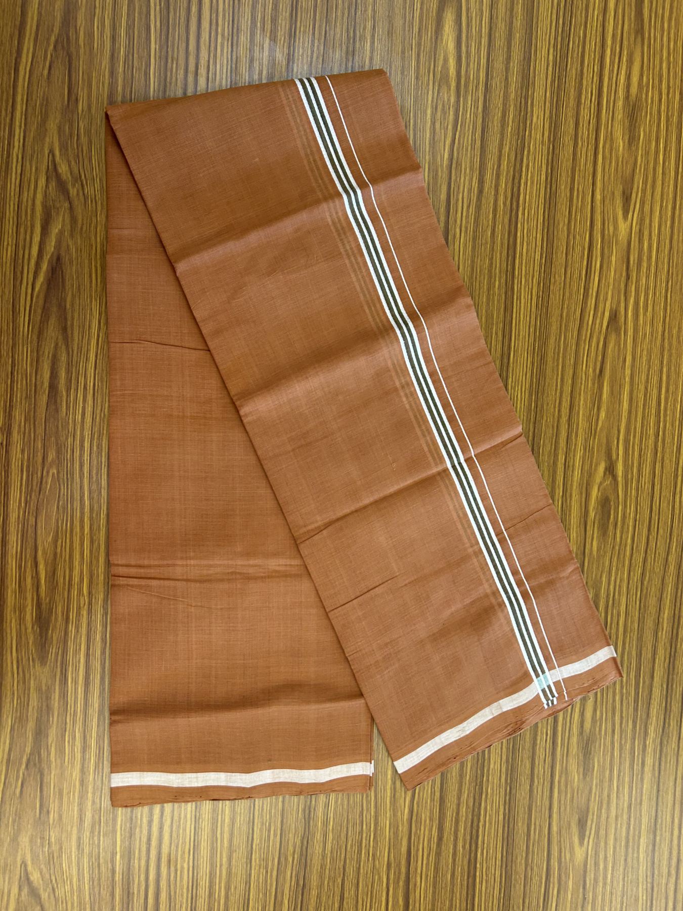 Handloom Single Hallmarked - 10% Discount ! KaithariKada 100% Pure Cotton - Mundu/Dhoti 0.5 inch Olive Green & White Kara with Kavi colour Body - (2 meter / 4 muzham) - 61 KK8044 ELA