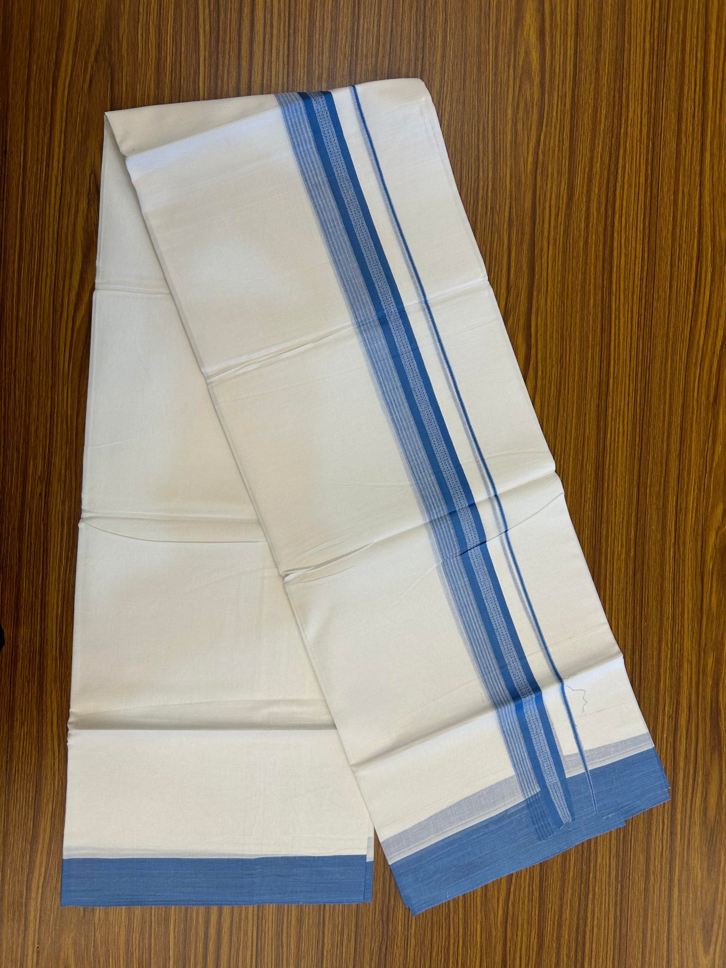 20% Discount ! Kaitharikada Balaramapuram 100% Cotton Pure White Double Mundu/Dothi - 100x80 - 2 inch Light Blue Shaded Stripes Kara 3.90 m (8 muzham) - 36 KK5364 MC