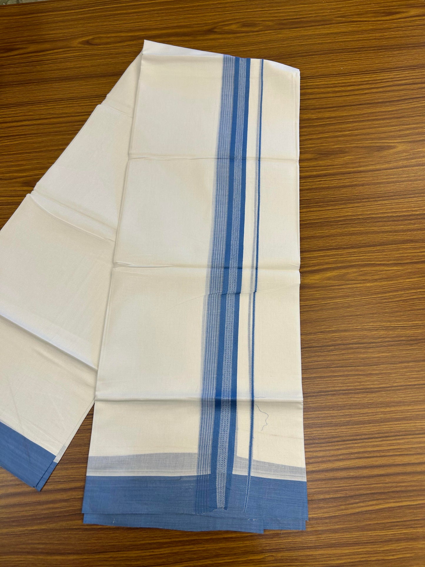 20% Discount ! Kaitharikada Balaramapuram 100% Cotton Pure White Double Mundu/Dothi - 100x80 - 2 inch Light Blue Shaded Stripes Kara 3.90 m (8 muzham) - 36 KK5364 MC