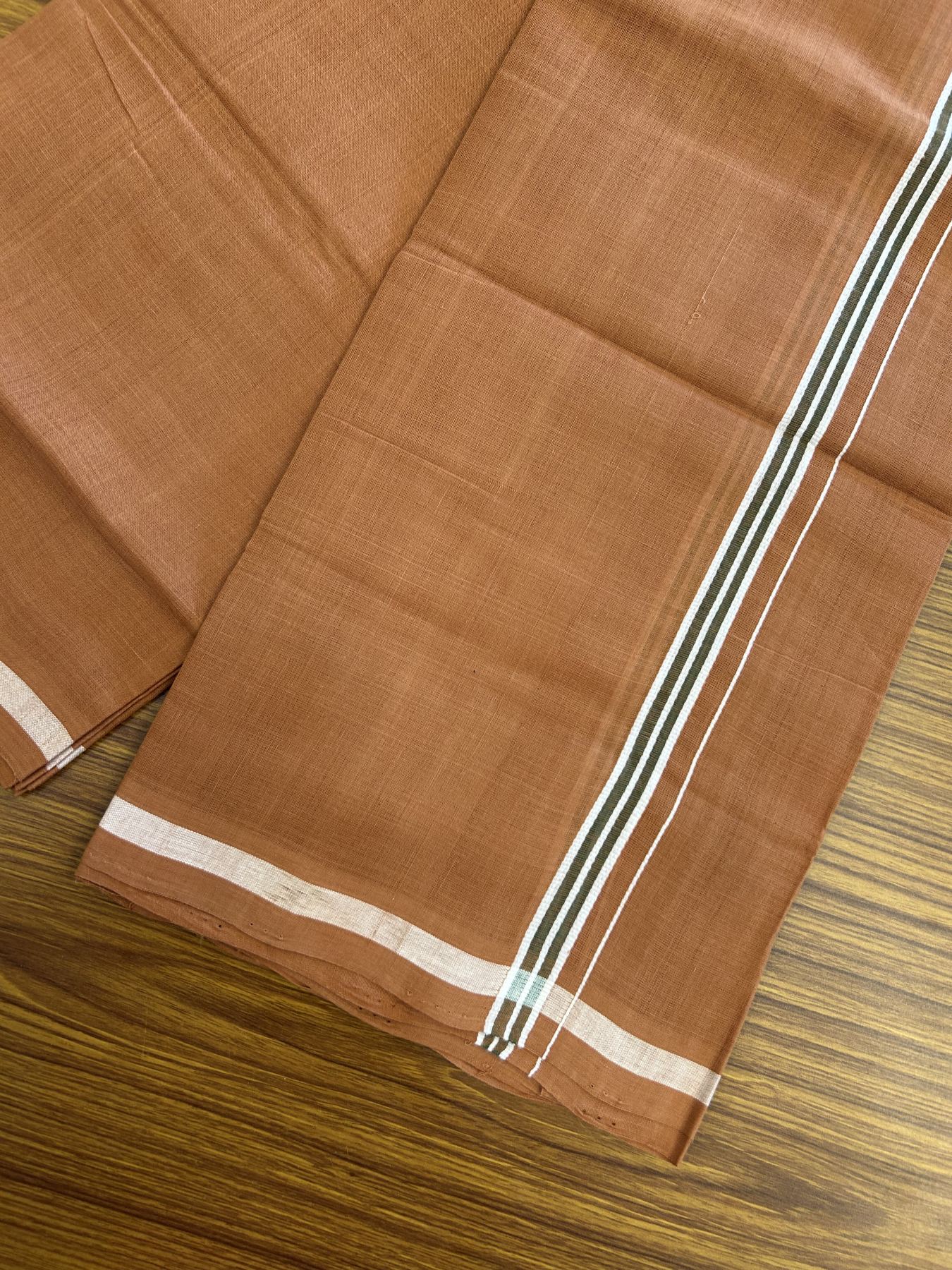 Handloom Single Hallmarked - 10% Discount ! KaithariKada 100% Pure Cotton - Mundu/Dhoti 0.5 inch Olive Green & White Kara with Kavi colour Body - (2 meter / 4 muzham) - 61 KK8044 ELA