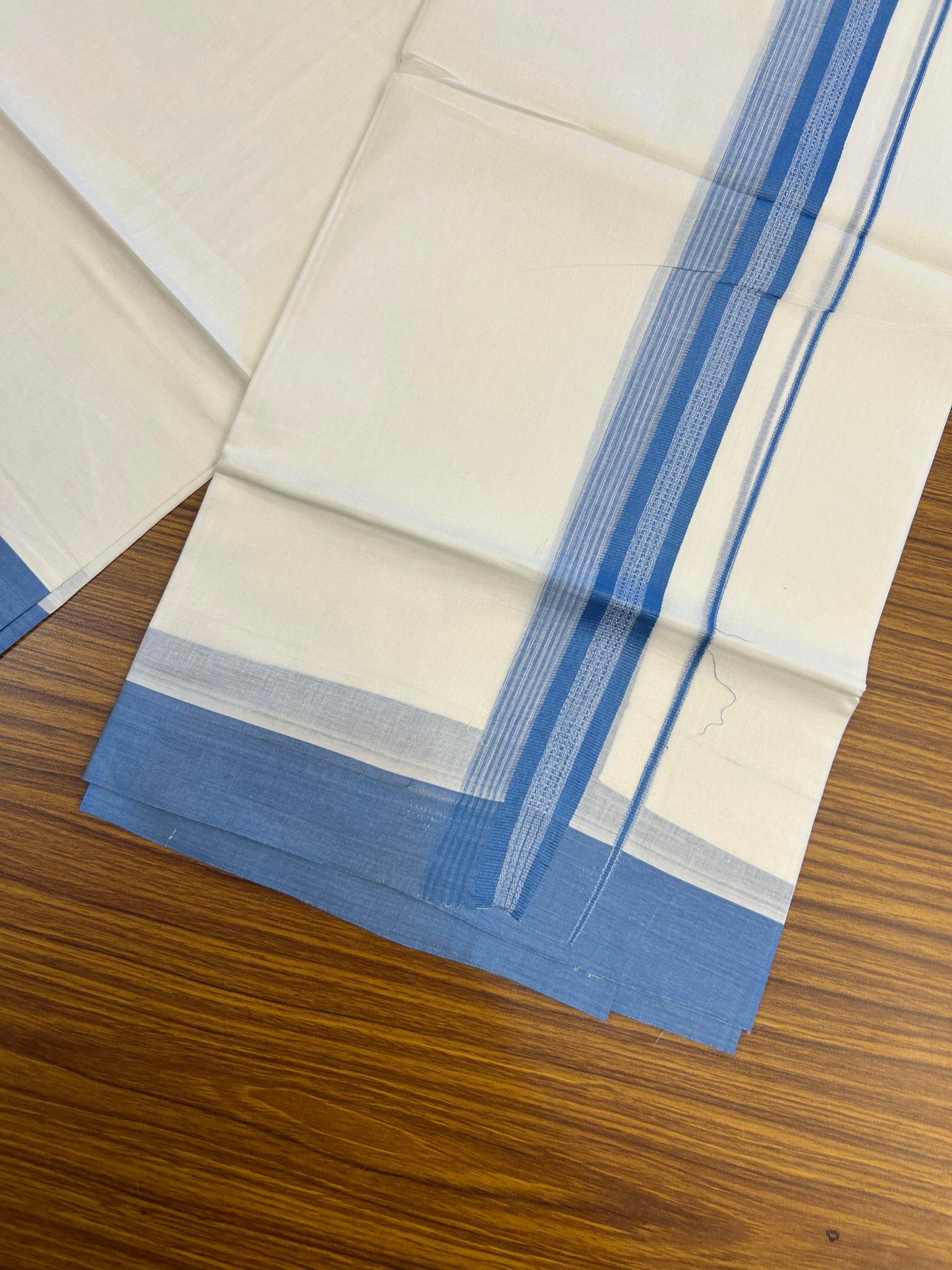 20% Discount ! Kaitharikada Balaramapuram 100% Cotton Pure White Double Mundu/Dothi - 100x80 - 2 inch Light Blue Shaded Stripes Kara 3.90 m (8 muzham) - 36 KK5364 MC