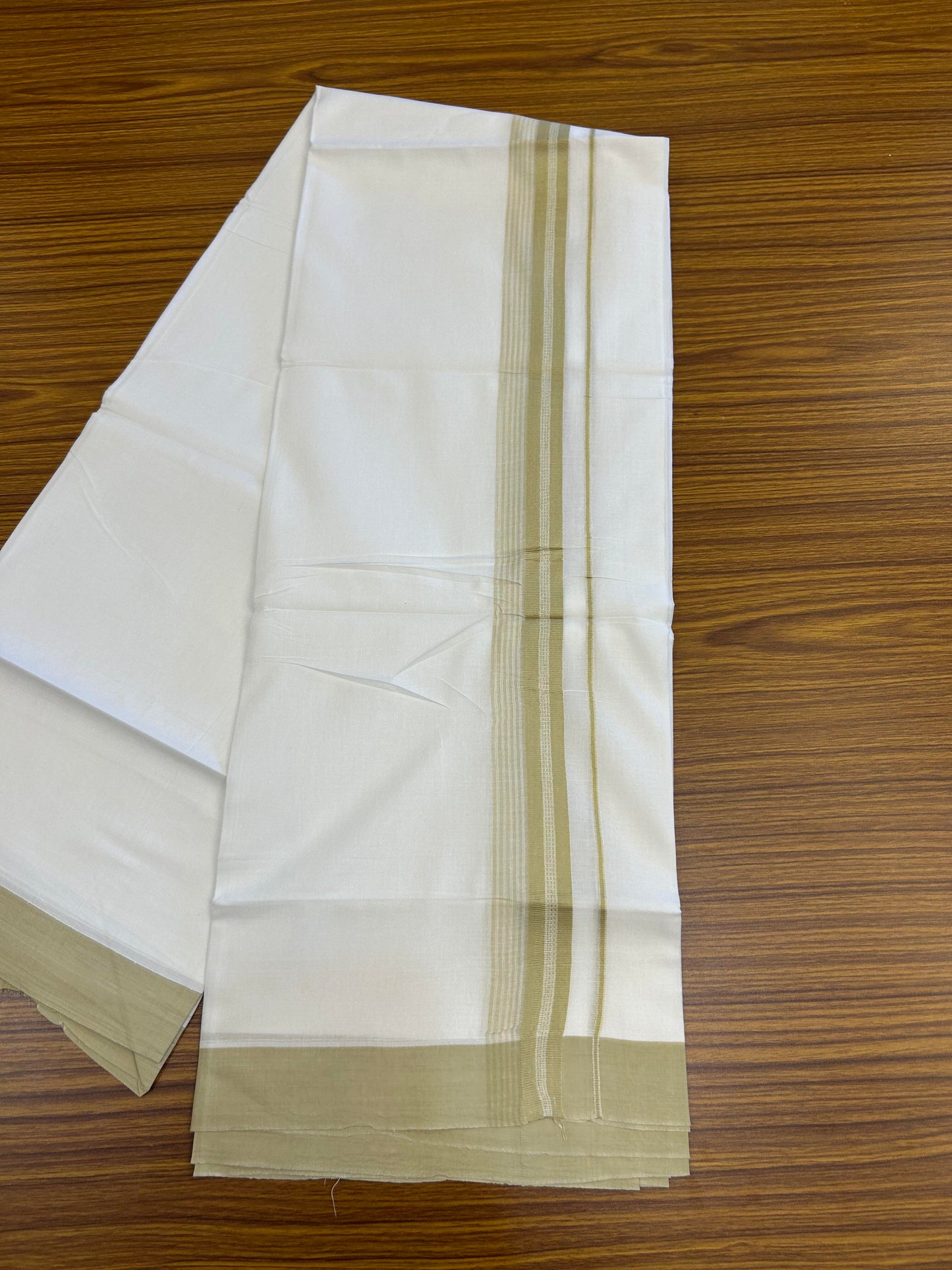 20% Discount ! Kaitharikada Balaramapuram 100% Cotton Pure White Double Mundu/Dothi - 100x80 - 2 inch Pista Green Shaded Stripes Kara 3.90 m (8 muzham) - 26 KK5364 MC