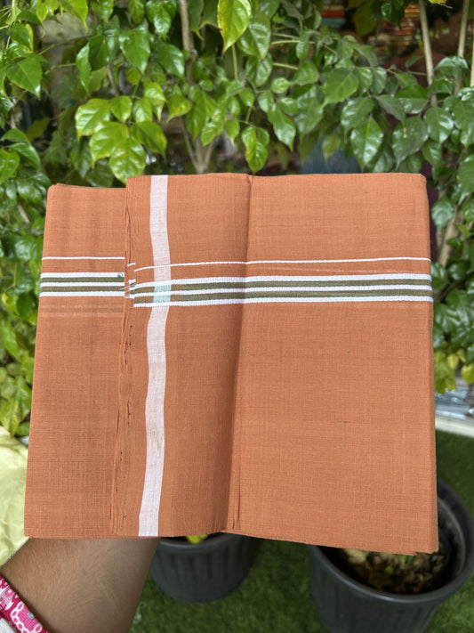 Handloom Single Hallmarked - 10% Discount ! KaithariKada 100% Pure Cotton - Mundu/Dhoti 0.5 inch Olive Green & White Kara with Kavi colour Body - (2 meter / 4 muzham) - 61 KK8044 ELA