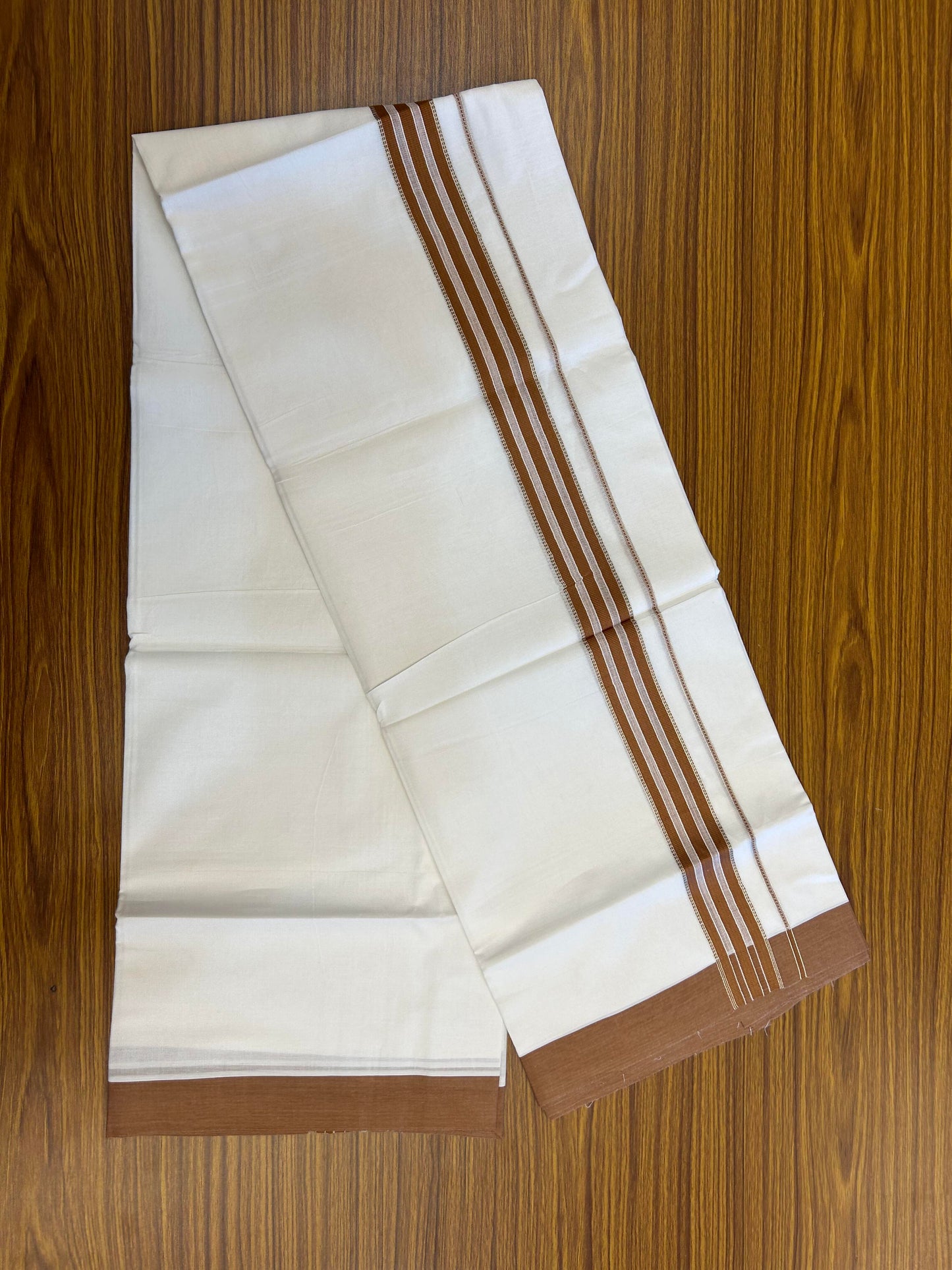 20% Discount ! Kaitharikada Balaramapuram 100% Cotton Pure White Double Mundu/Dothi - 100x80 - 1.5 inch Silver Kasav & Brown Striped Kara 3.90 m (8 muzham) - 74 KK5364 MC
