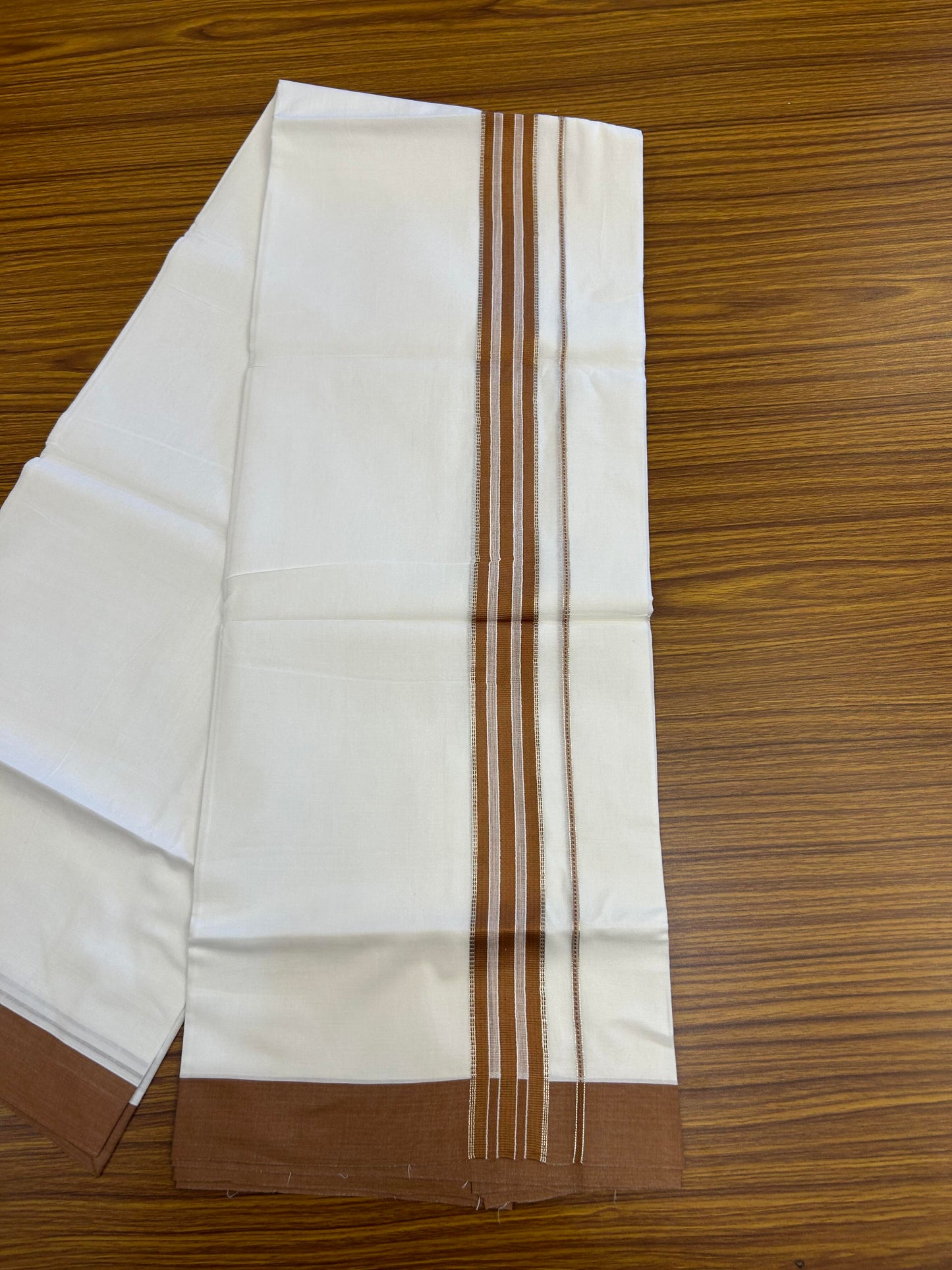 20% Discount ! Kaitharikada Balaramapuram 100% Cotton Pure White Double Mundu/Dothi - 100x80 - 1.5 inch Silver Kasav & Brown Striped Kara 3.90 m (8 muzham) - 74 KK5364 MC