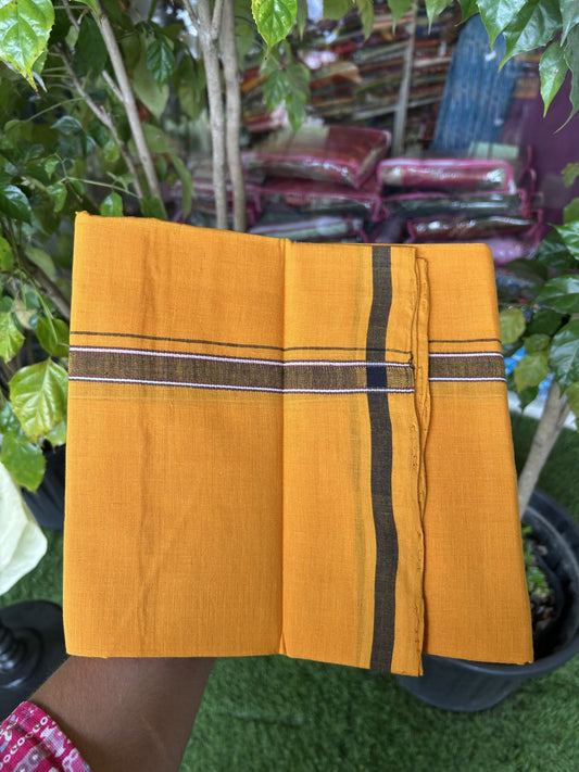 Handloom Single Hallmarked - 10% Discount !! KaithariKada 100% Pure Cotton - Mundu/Dhoti 2 cm Black Brown Kara with Light Orange colour Body - (2 meter / 4 muzham) - 23 KK8044 ELA