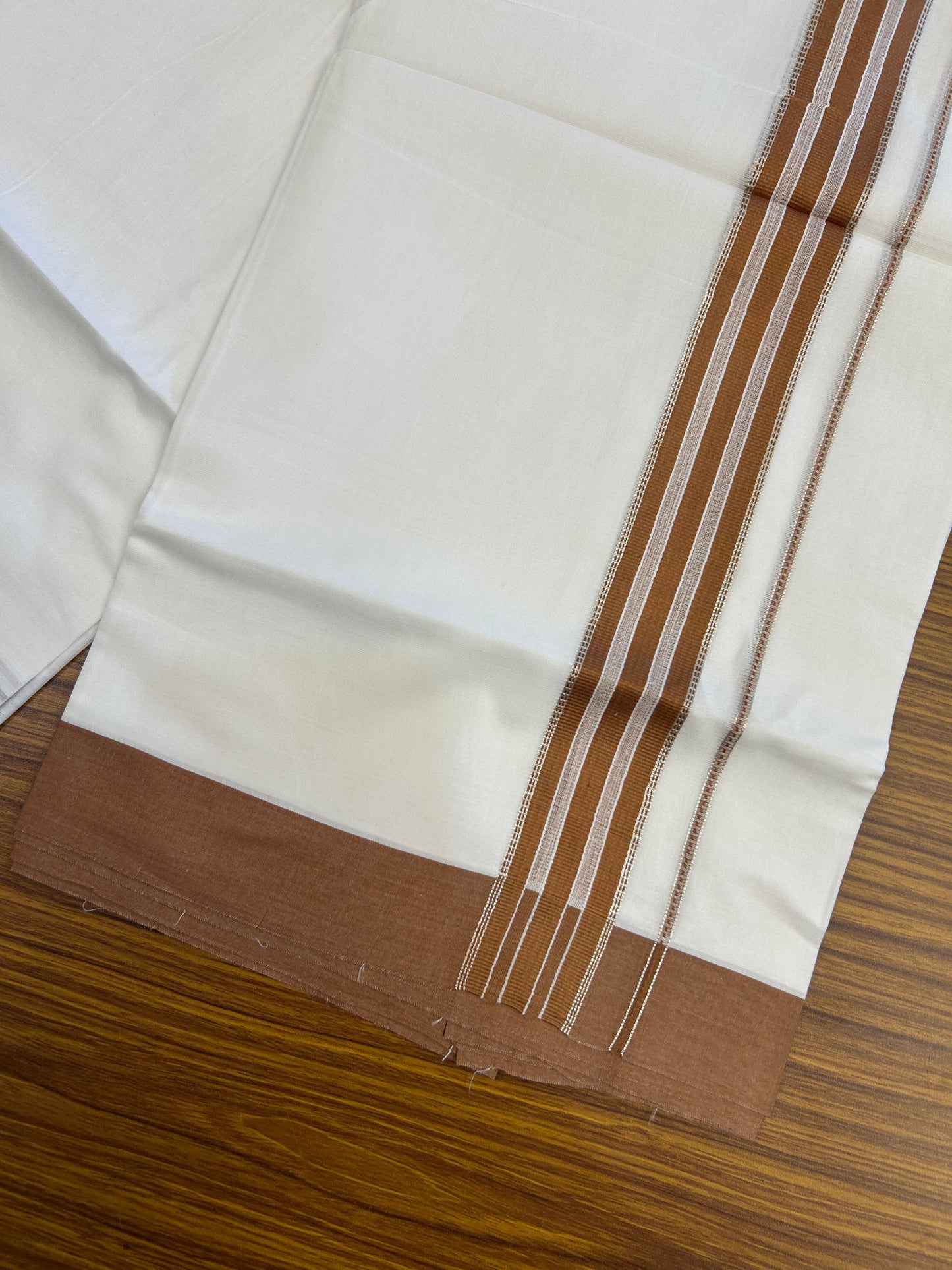 20% Discount ! Kaitharikada Balaramapuram 100% Cotton Pure White Double Mundu/Dothi - 100x80 - 1.5 inch Silver Kasav & Brown Striped Kara 3.90 m (8 muzham) - 74 KK5364 MC