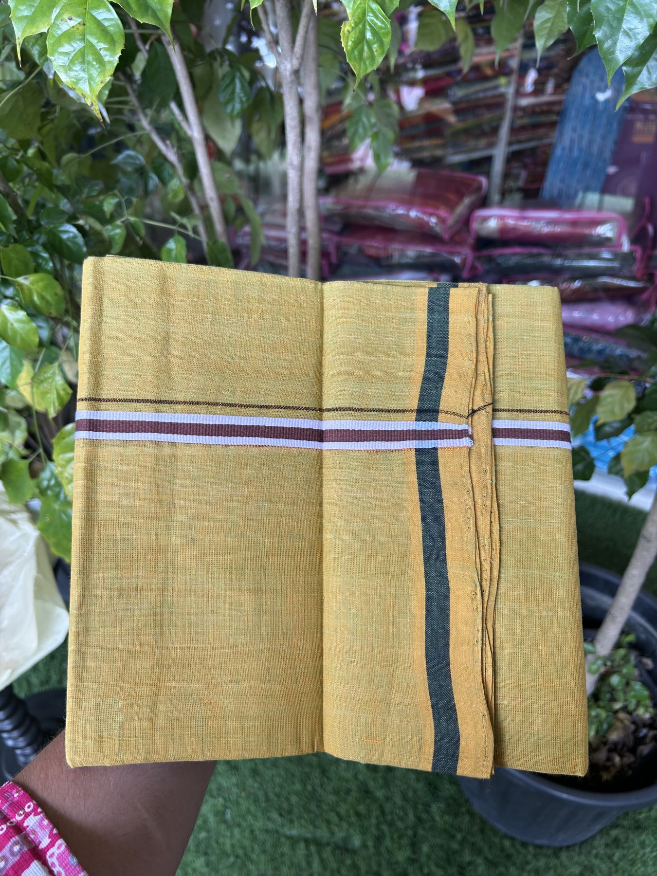Handloom Single Hallmarked - 10% Discount !! KaithariKada 100% Pure Cotton - Mundu/Dhoti Dark Mustard Yellow Body , 1.5 cm Black & Brown Stripes Kara - (2 meter / 4 muzham) - 7 KK8044 ELA